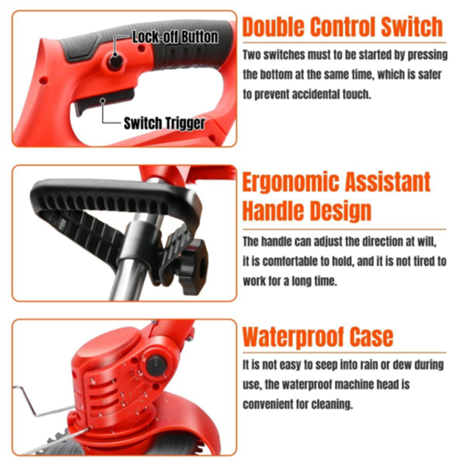 Rotes Gartengerät mit Textbeschriftungen für Verriegelungsknopf, Schalterauslöser, ergonomischen Griff und wasserdichtes Gehäuse.