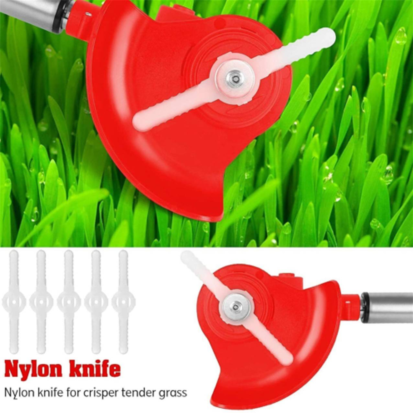 Roter Trimmerkopf mit weißen Klingen und zusätzlichen Klingen darunter. Grüner Gras-Hintergrund. Text: 'Nylonschneider'.