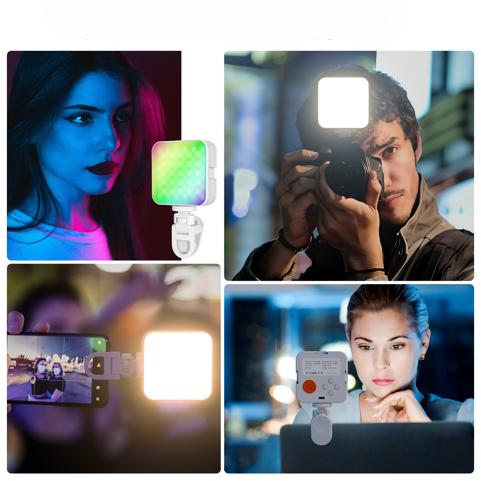 Frau mit buntem Licht, Fotograf mit Blitz, Handy-Selfie und Frau mit Laptop, alle mit kleinen Lichtern.