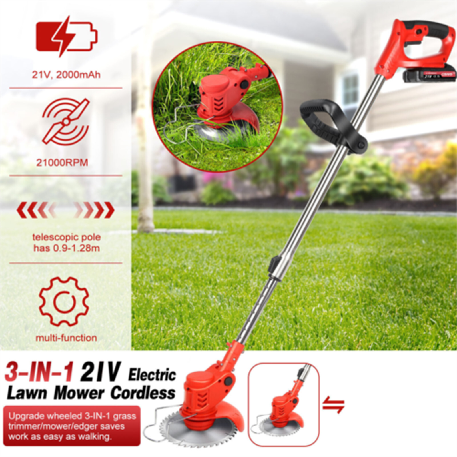 Roter und schwarzer kabelloser Rasenmäher. Text über 3-in-1-Grasschneider und -Kantenschneider. Klingen gezeigt und grünes Gras.