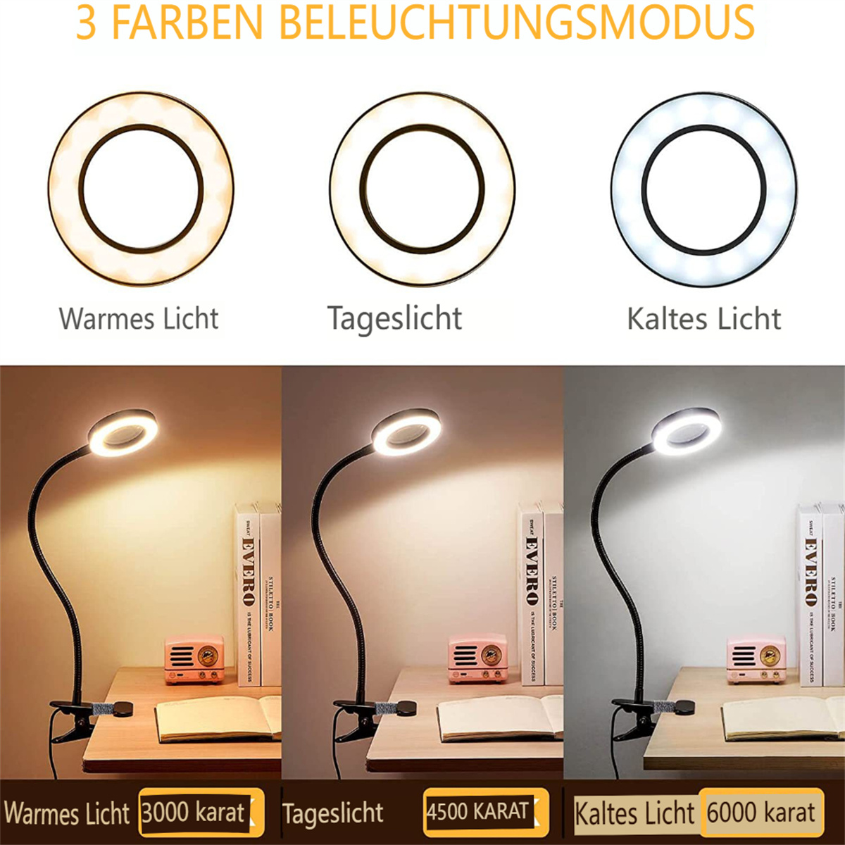 Drei Ringlichter mit unterschiedlichen Farbtemperaturen, gezeigt mit Schreibtischen, Büchern und Radio.