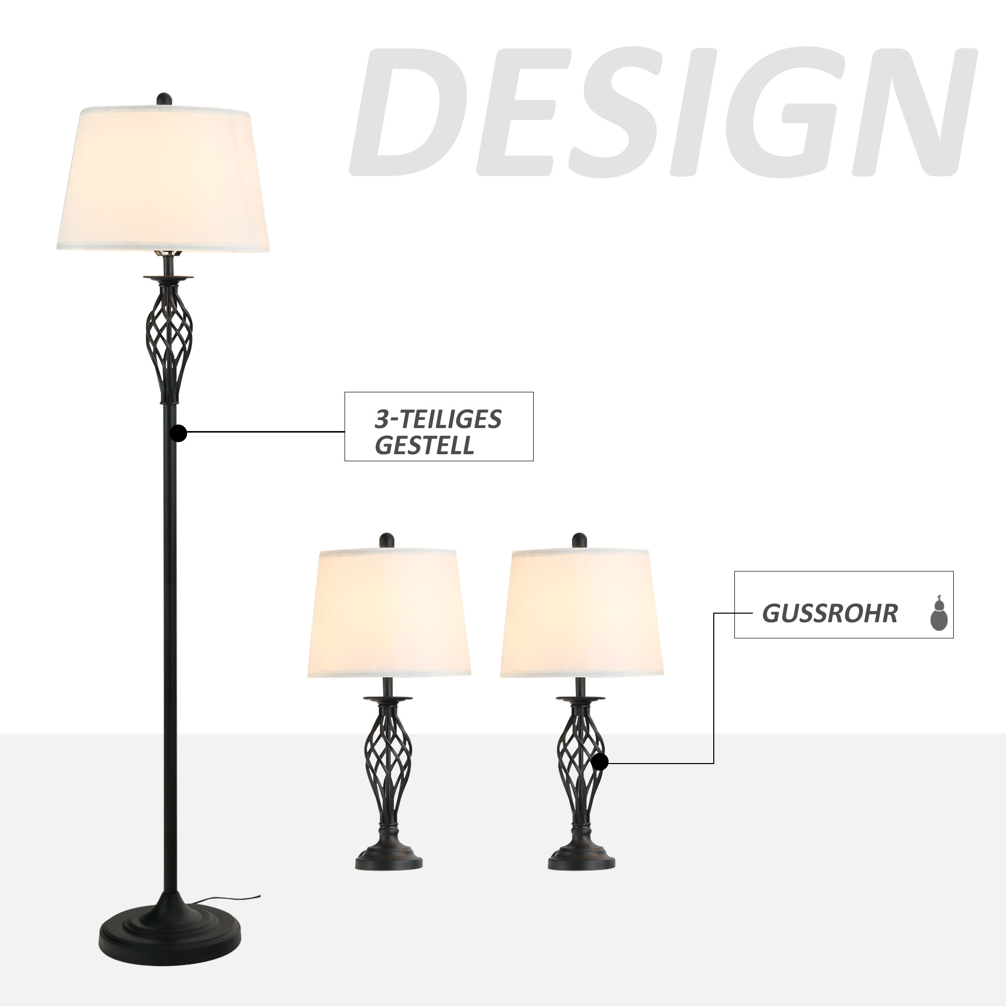 Drei Lampen, eine Stehlampe und zwei Tischlampen, alle mit weißen Schirmen und schwarzen Füßen.