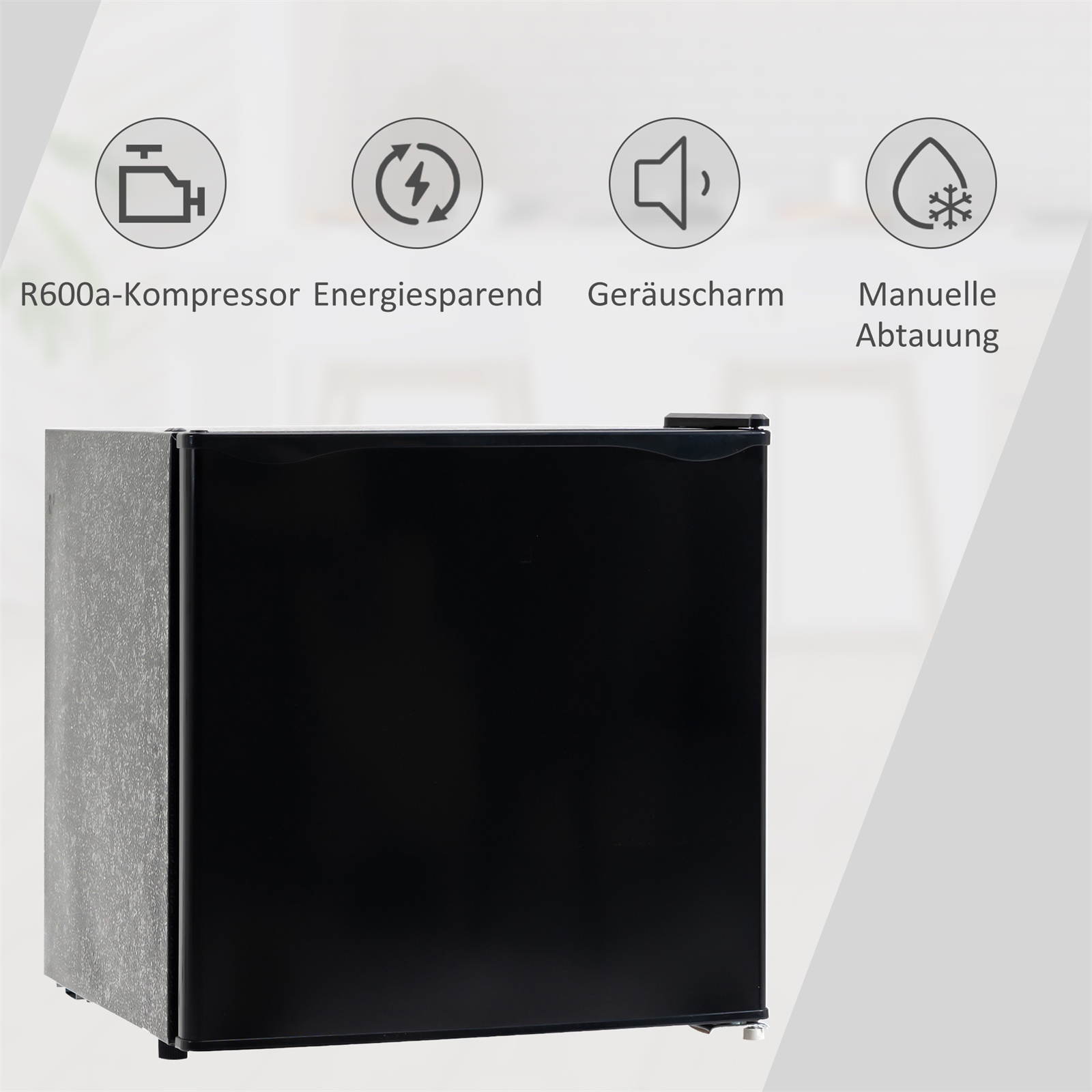 Ein schwarzer Mini-Kühlschrank mit Symbolen darüber. Die Symbole stehen für Kompressor, Energiesparen, Geräuscharmut und Abtauen.