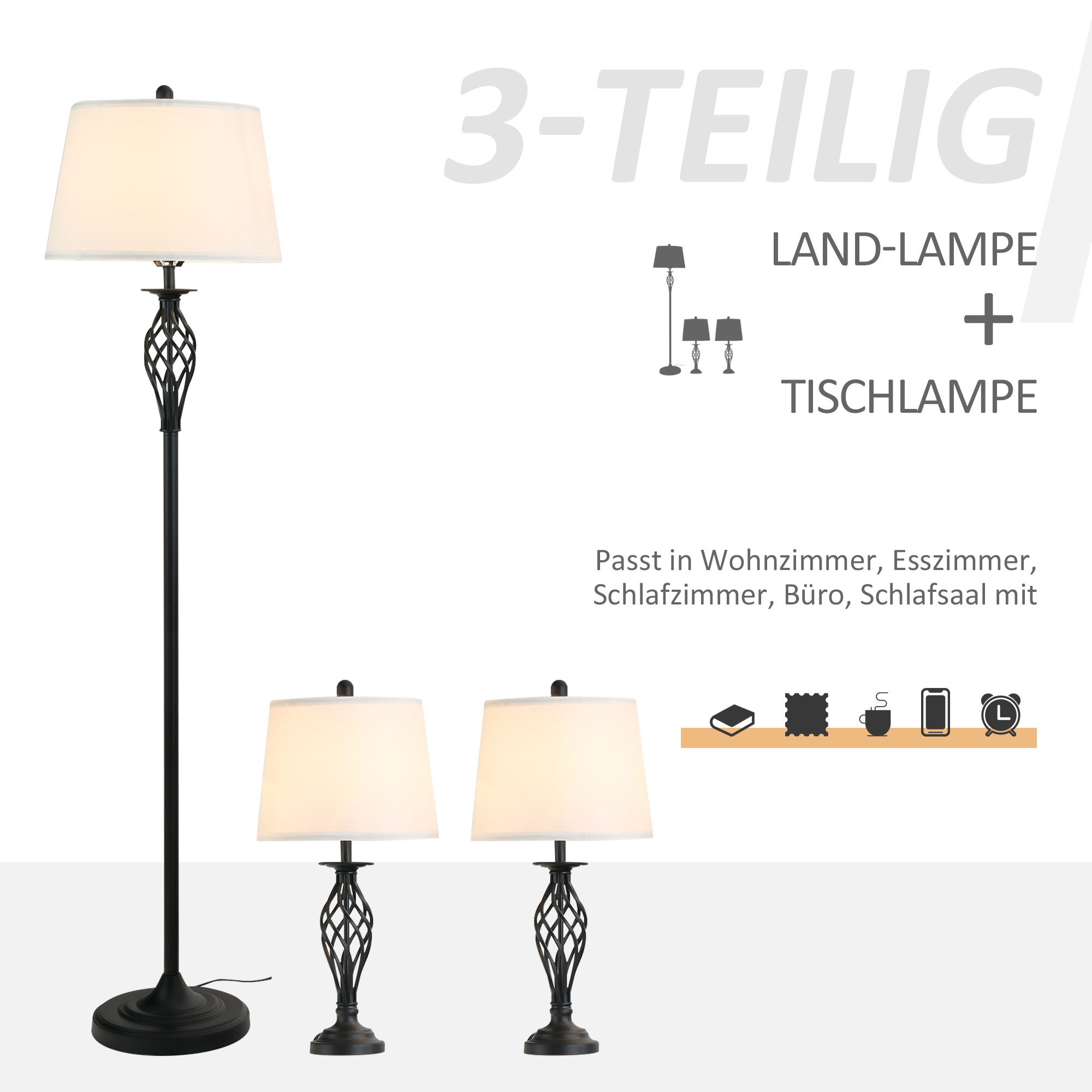 3-teiliges Lampenset: Stehlampe und zwei passende Tischlampen mit weißen Schirmen.