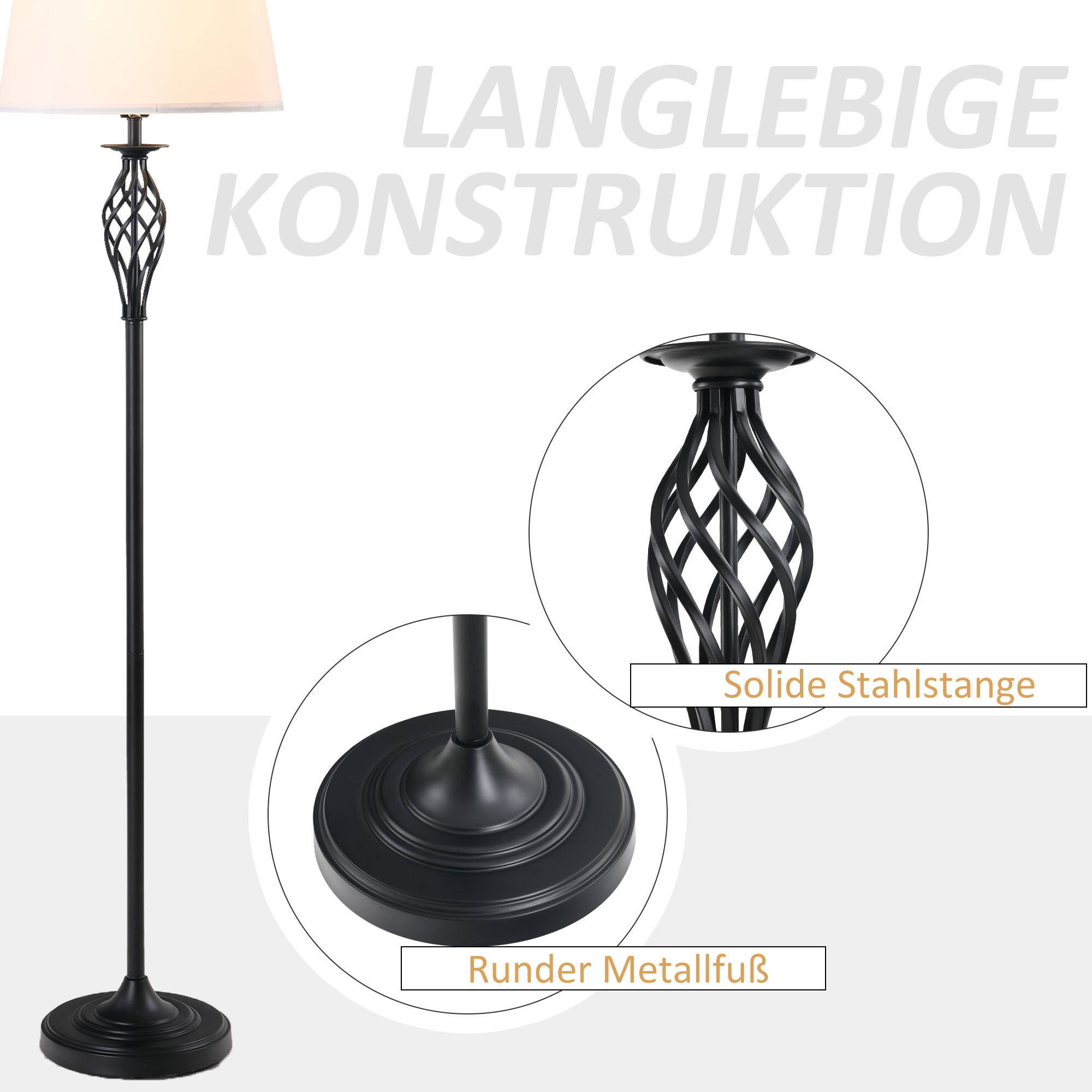 Eine schwarze Stehlampe mit weißem Schirm. Der Sockel ist rund.