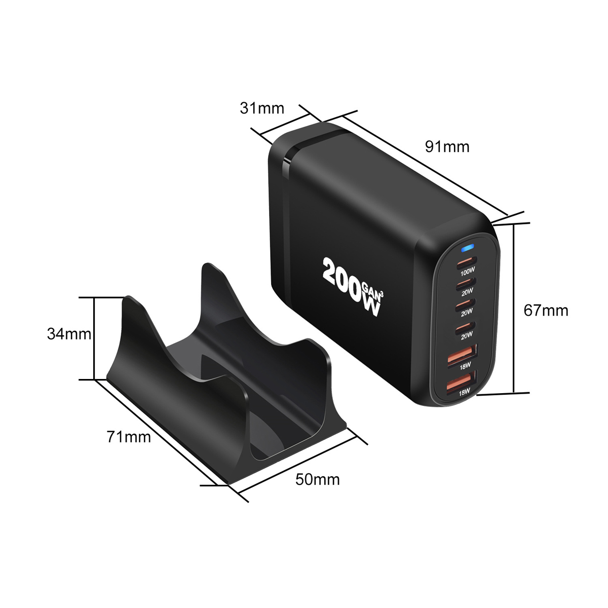 Ein schwarzes Multi-Port-Ladegerät mit Abmessungen. Es hat Ausgänge für 100W, 20W und 18W.