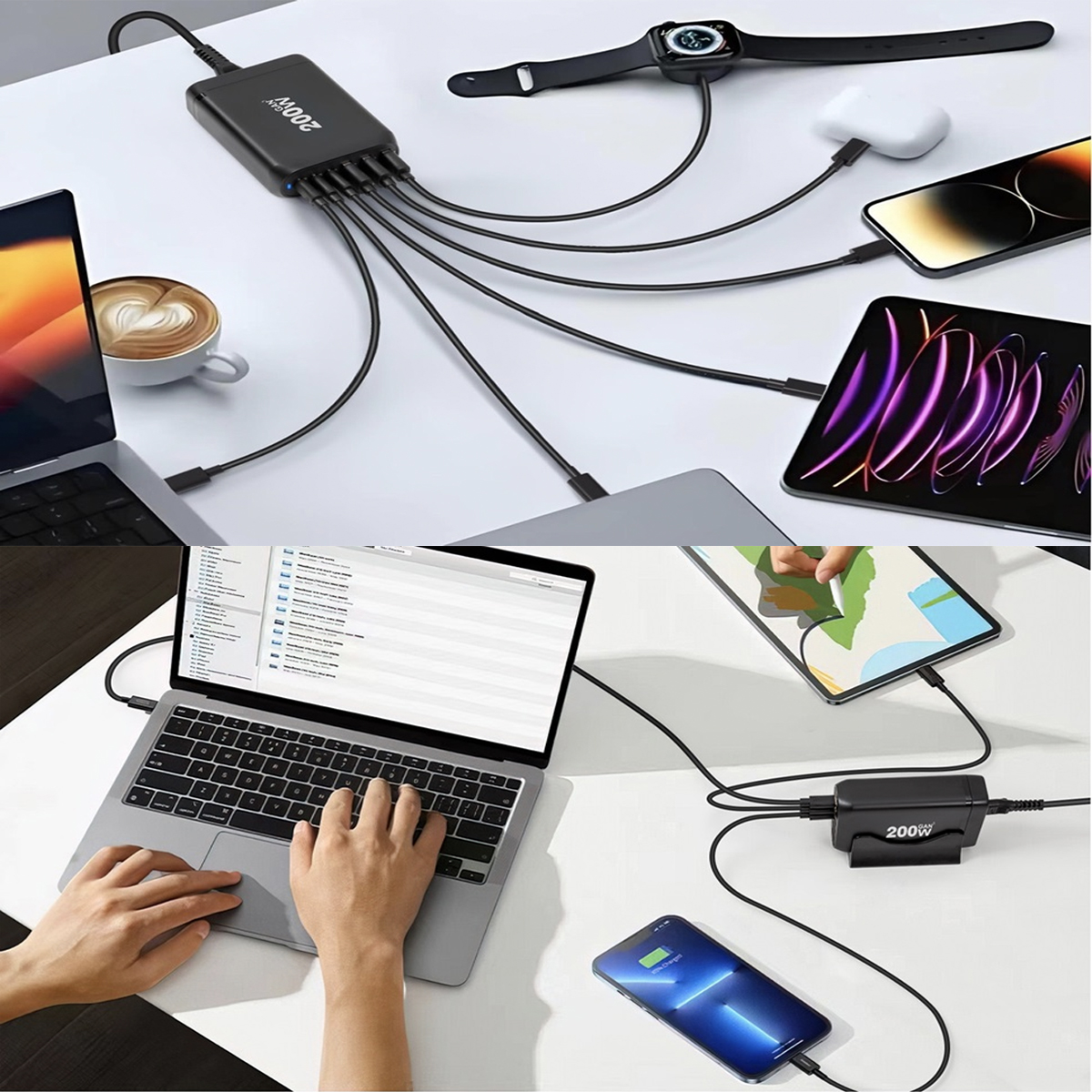 Lade-Hub mit mehreren angeschlossenen Geräten. Laptop, Tablet, Telefone, Smartwatch und AirPods werden gleichzeitig geladen.