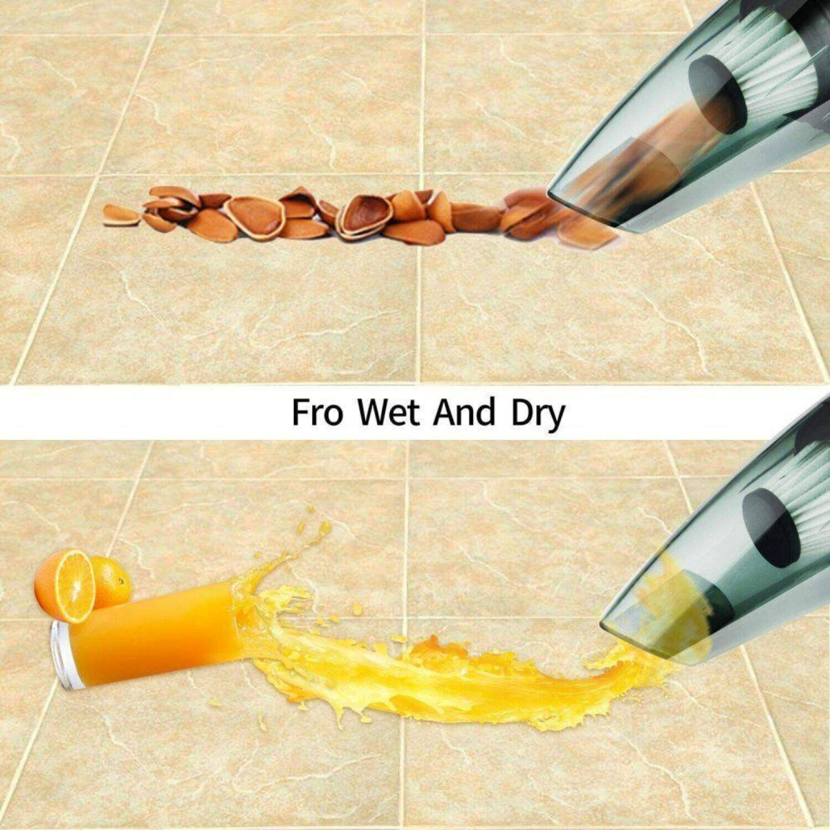 Staubsauger reinigt verschüttetes. Oben Nüsse, unten Orangensaft. Text: Für Nass und Trocken.
