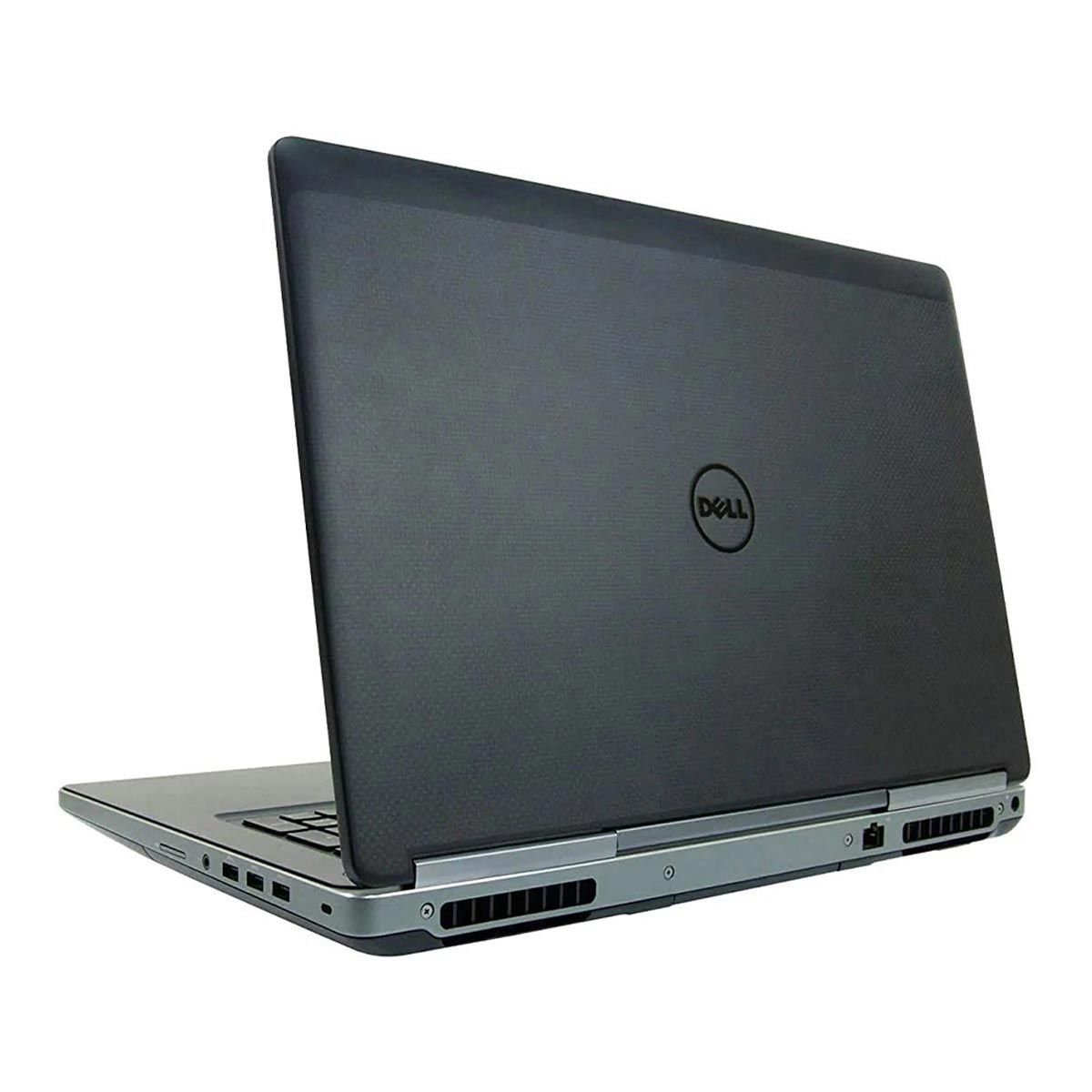 Czarny laptop Dell, zamknięty, pokazujący logo Dell i tył urządzenia.