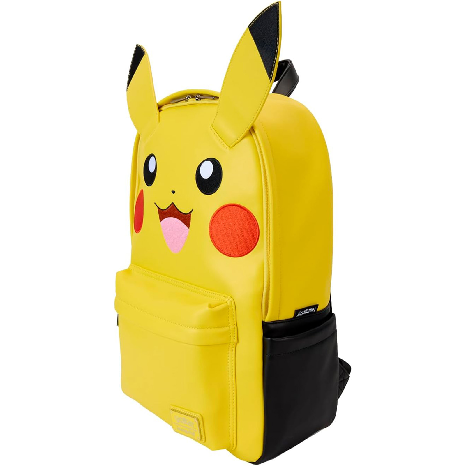 Mochila amarilla de Pikachu con detalles negros. Cara de Pikachu en el frente.
