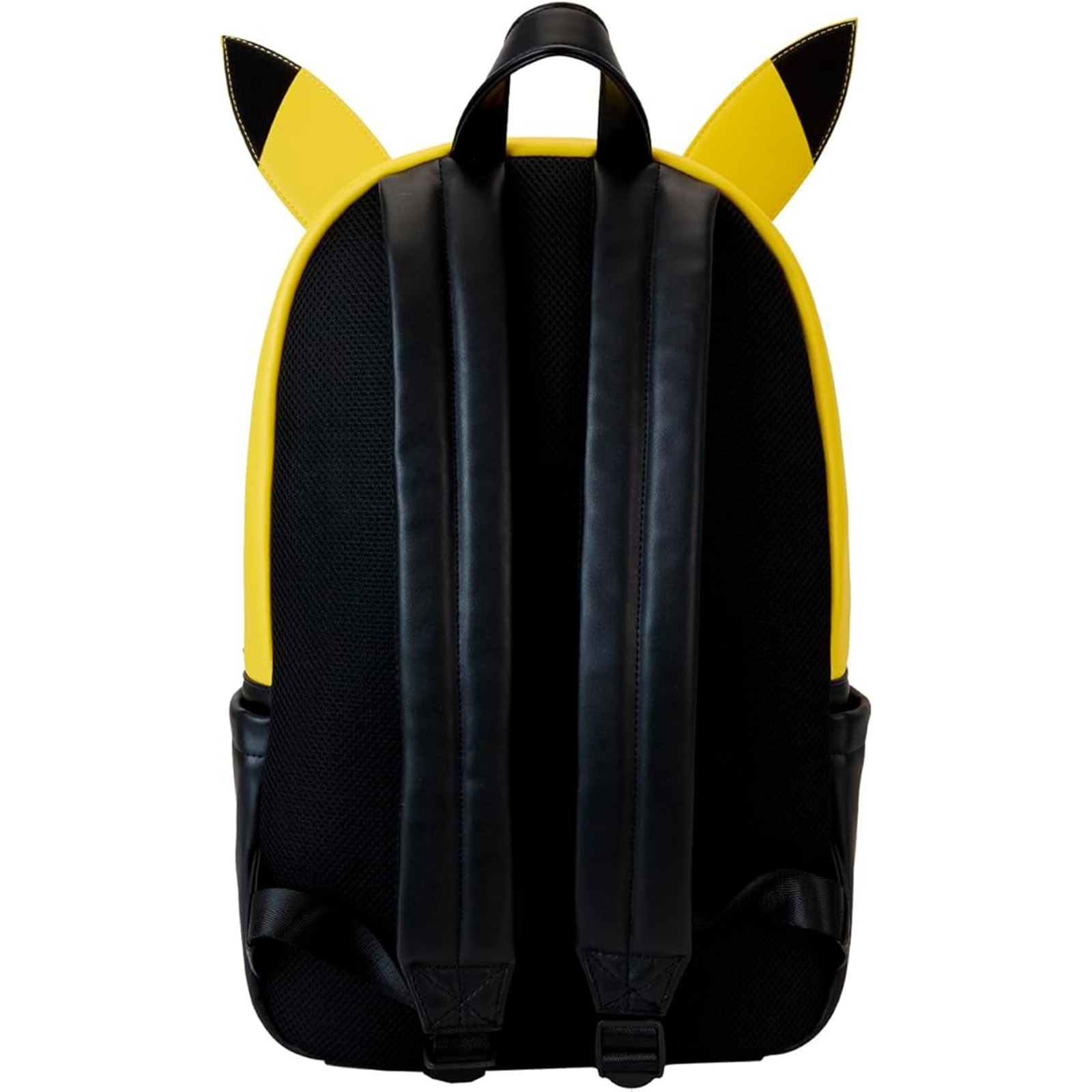 Vista trasera de una mochila de Pikachu con orejas amarillas. Negro y amarillo.