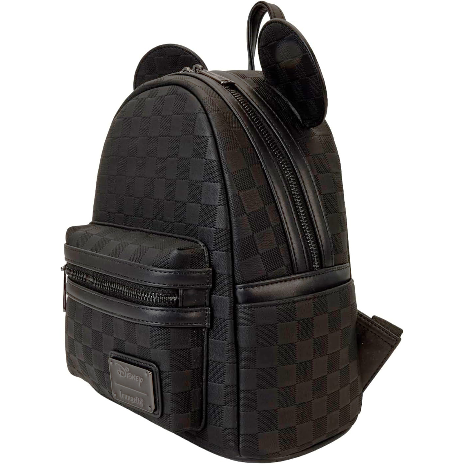 Schwarzer Rucksack mit Mickey Mouse Ohren, Schachbrettmuster und Disney-Logo.