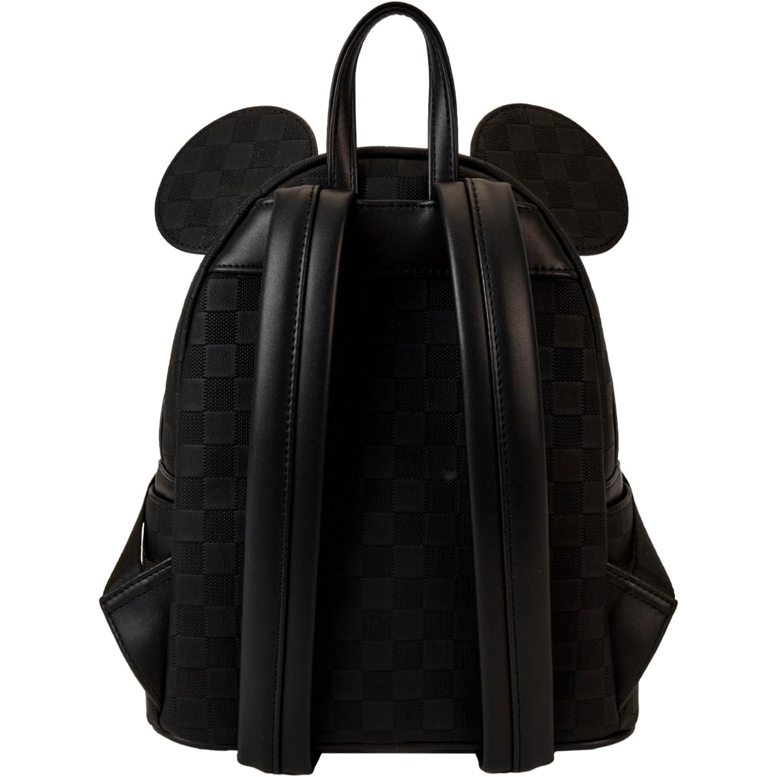 Schwarzer Rucksack mit Mickey Mouse Ohren oben, Schachbrettmuster und mehreren Fächern.