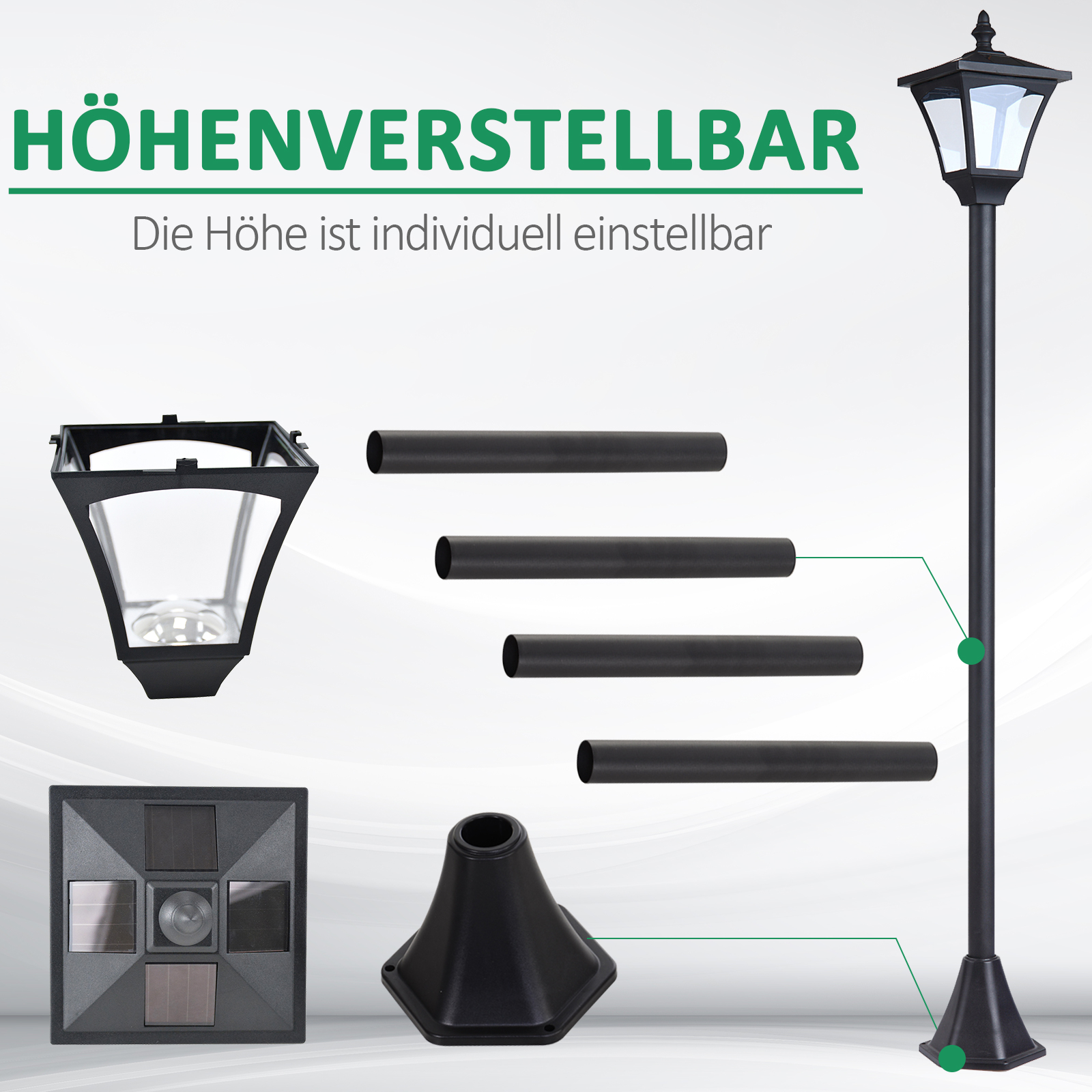 Zerlegte Straßenlaterne. Komponenten umfassen den Lampenkopf, ein Solarpanel und mehrere Pfostenabschnitte, mit Maßangaben.