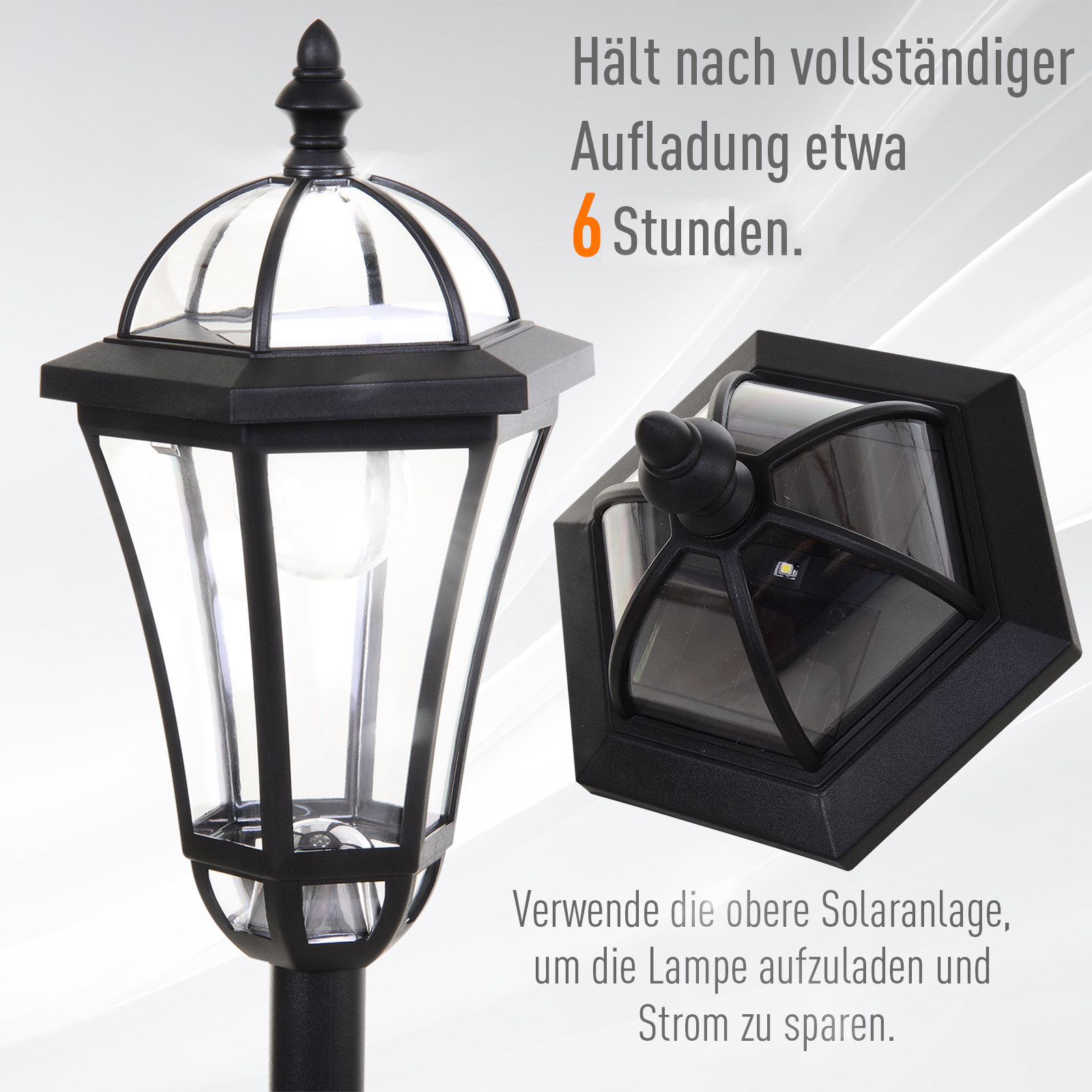 Eine schwarze Außenlampe mit Glasplatte wird angezeigt. Das Bild zeigt auch die Solarpanel-Oberseite der Lampe.