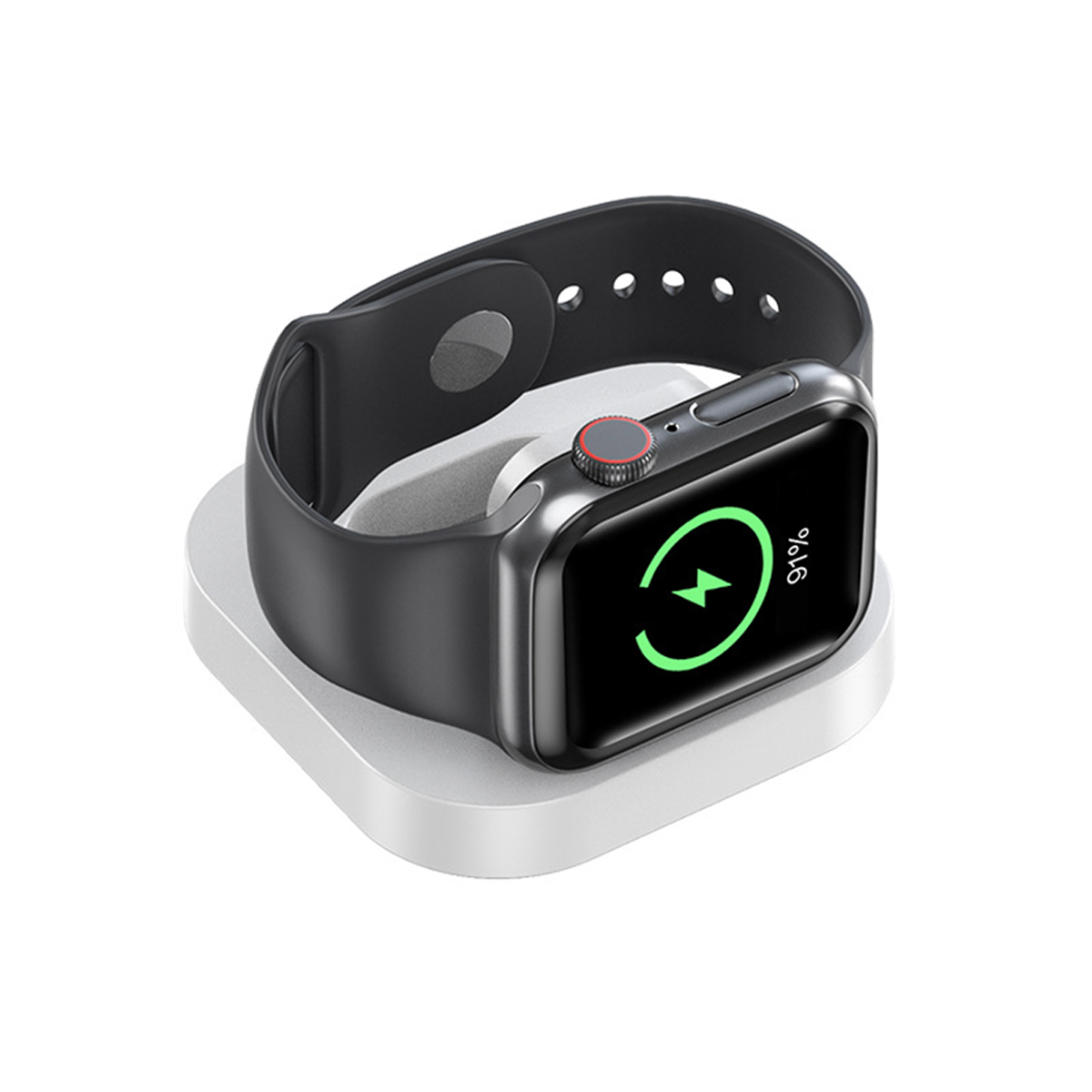 Schwarze Apple Watch auf weißem Ladeständer, mit grünem Batterie-Symbol.