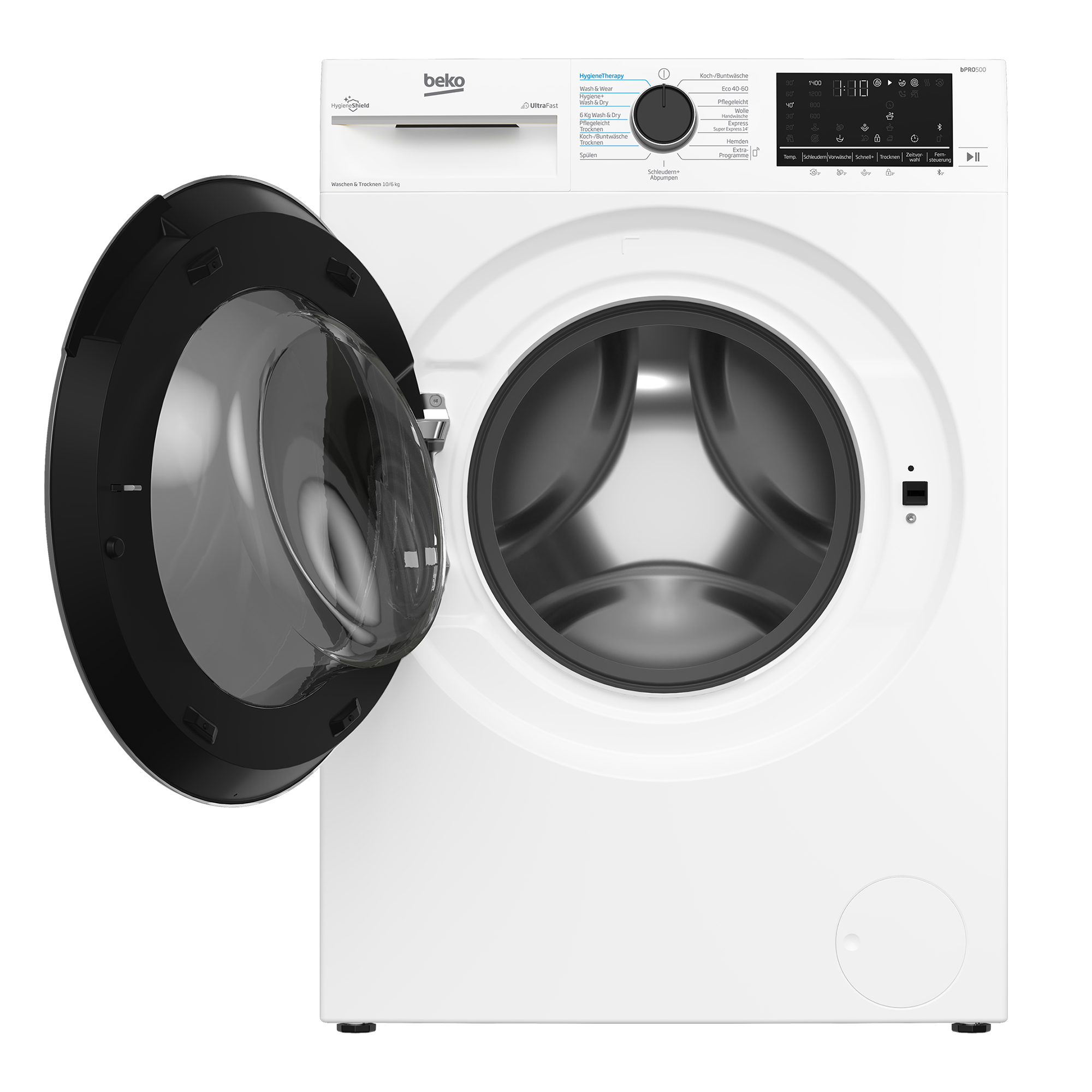 Weiße Waschmaschine mit offener Tür.