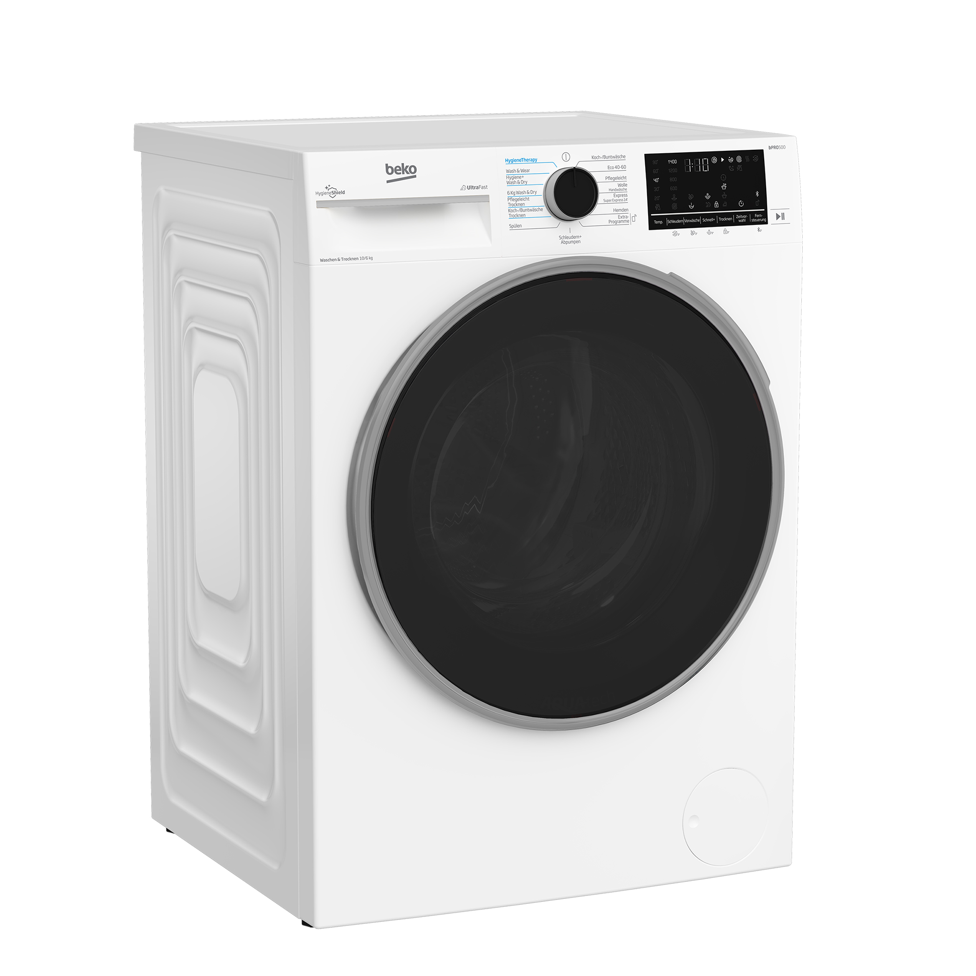 Eine weiße Beko Waschmaschine, Frontansicht. Sie hat eine schwarze Tür und ein Bedienfeld.