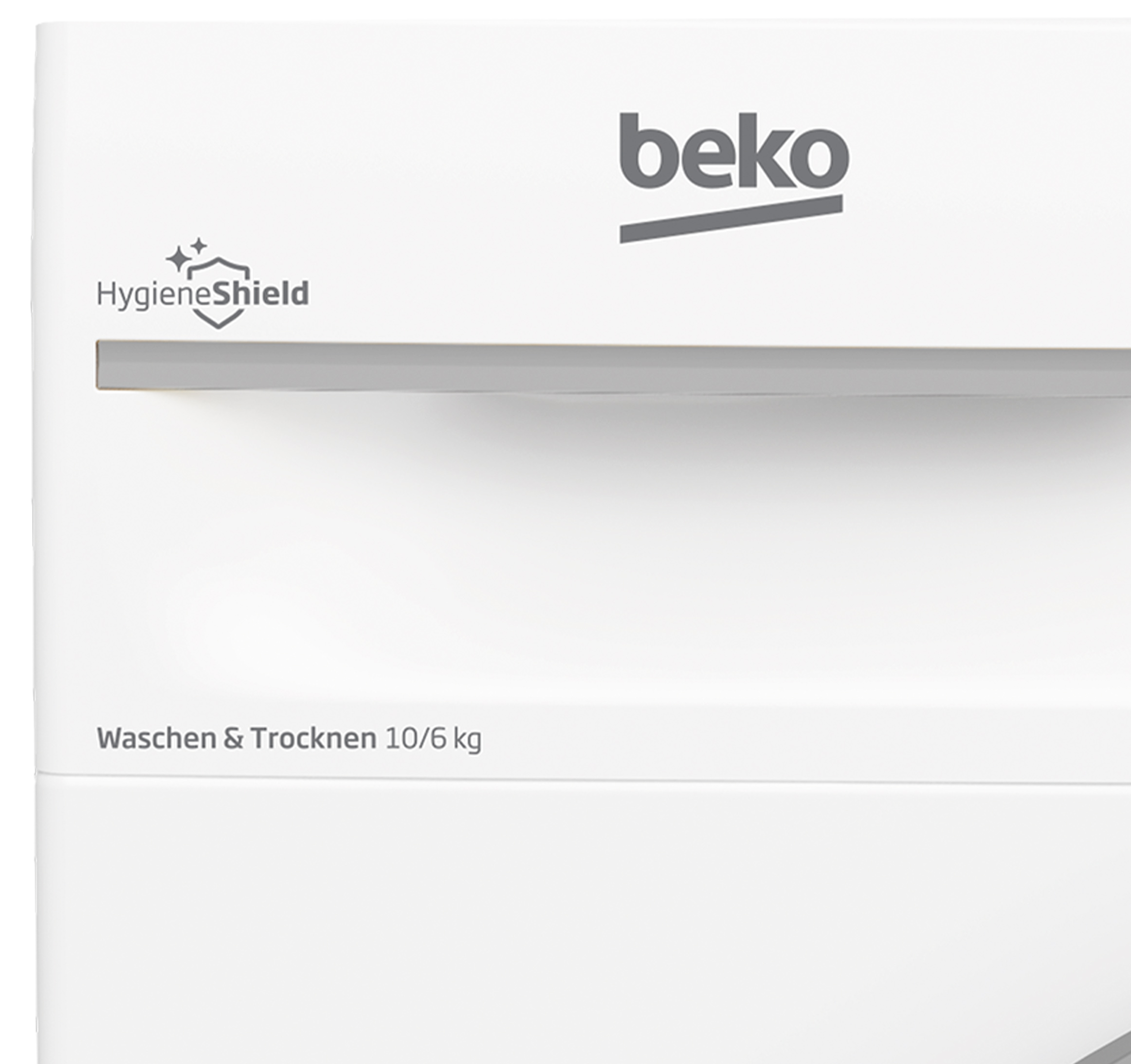 Nahaufnahme einer weißen Waschmaschine mit dem Markennamen 'beko'.