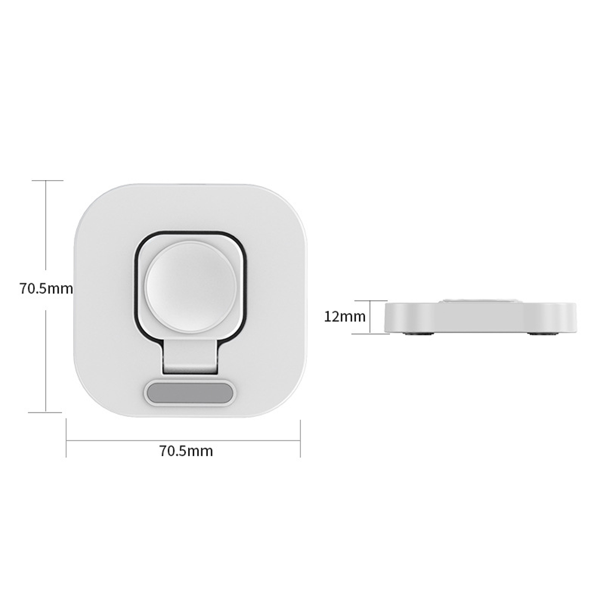 Weißer Handy-Ringhalter mit Maßen. Quadratisch mit kreisförmigem Ring. Seitenansicht zeigt Dicke.
