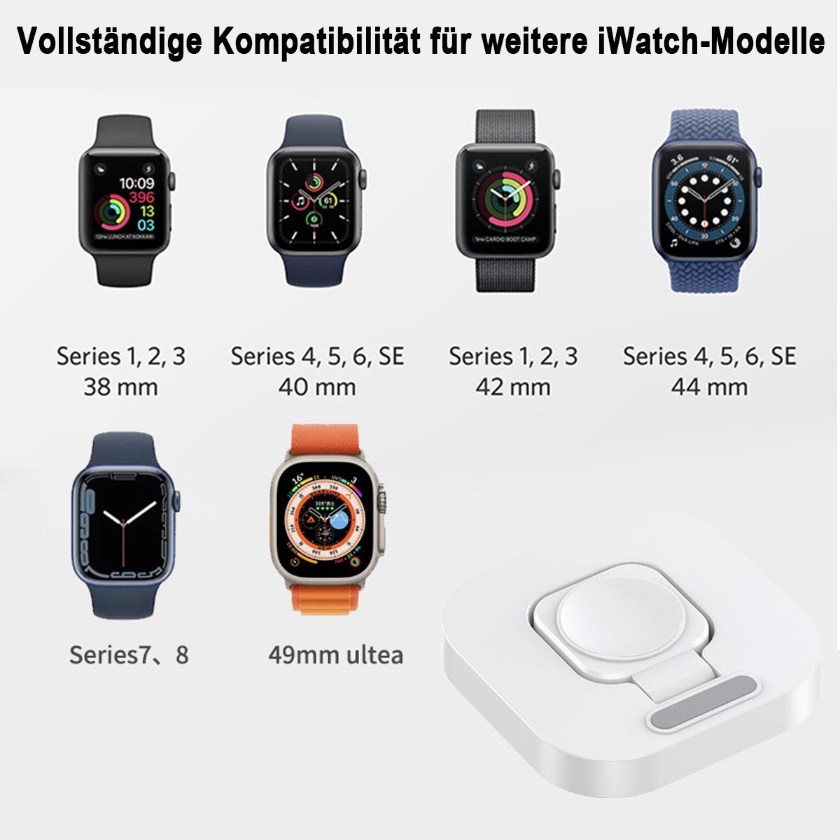Mehrere Smartwatches und ein Ladegerät auf weißer Oberfläche, verschiedene Uhrenmodelle.