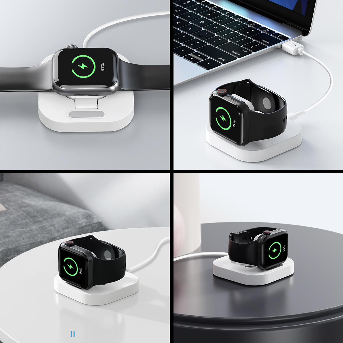 Vier Bilder eines Ladeständers mit einer Apple Watch.