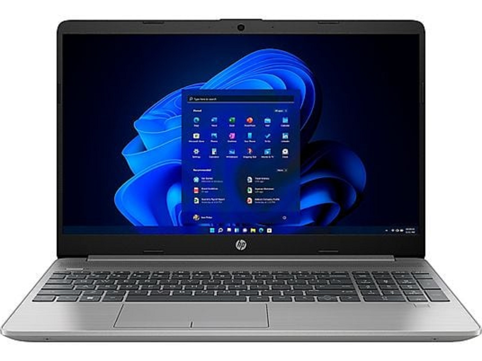 Ein silberner Laptop mit schwarzer Tastatur auf dunkelblauem Hintergrund.