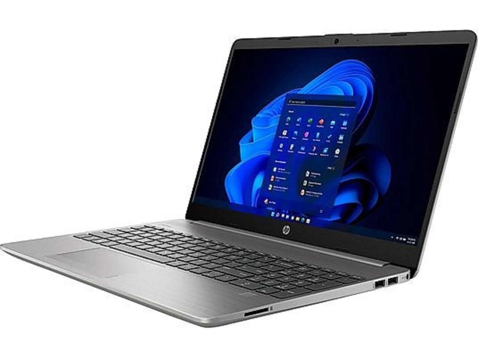 Silberner Laptop mit schwarzer Tastatur, Bildschirm mit blauem Hintergrund und Windows-Oberfläche.