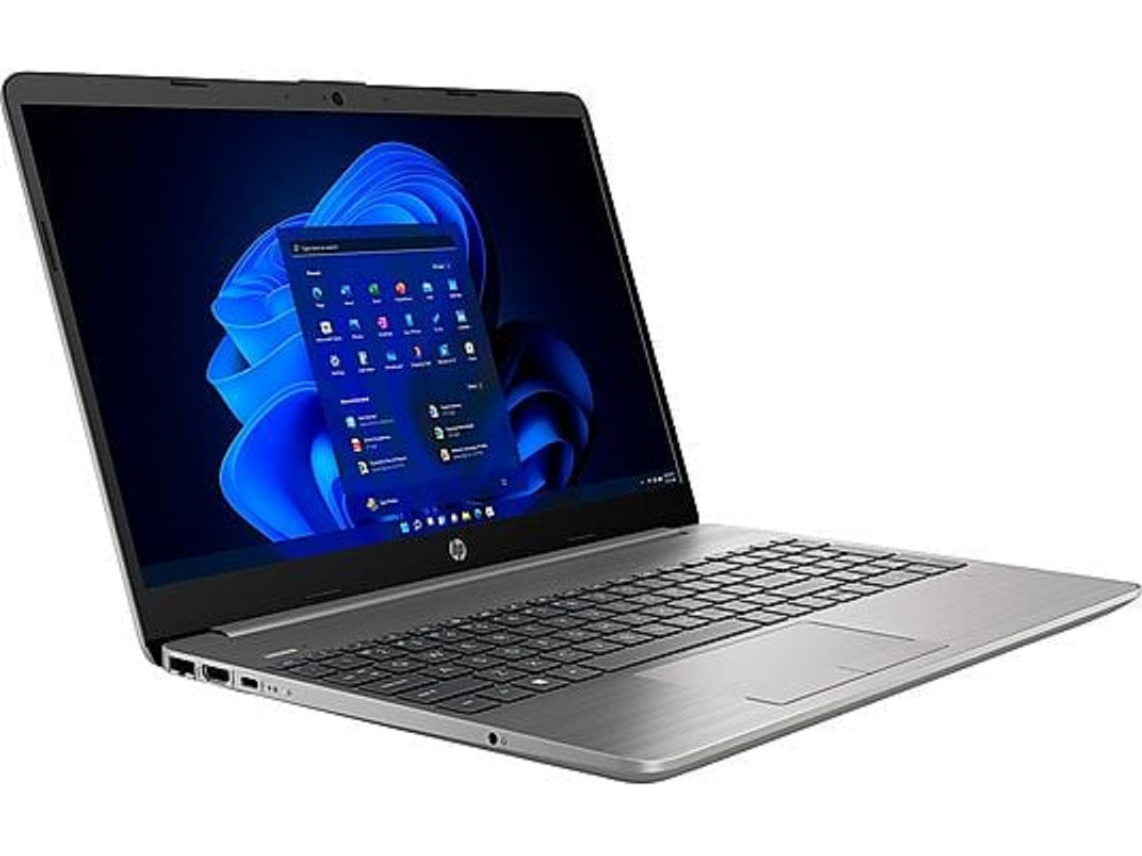 Silberner Laptop mit schwarzer Tastatur und einem Bildschirm, der Windows-Apps auf blauem Hintergrund anzeigt.