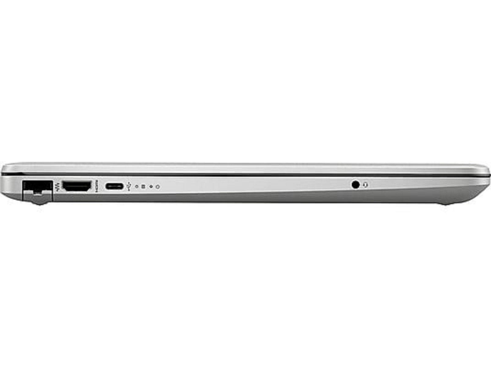 Silberner Laptop Seitenansicht, Anschlüsse sichtbar. Geschlossenes, schlankes Design.