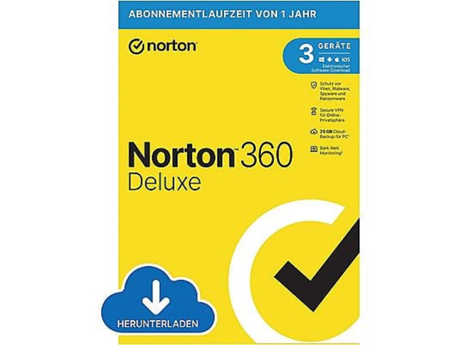 Norton 360 Deluxe Software-Box, gelb mit Häkchen.