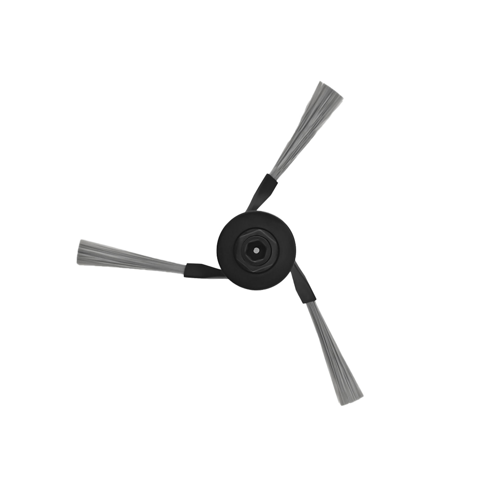 Drei graue Roboter-Staubsaugerbürsten. Sie sind auf einem schwarzen zentralen Naben befestigt.