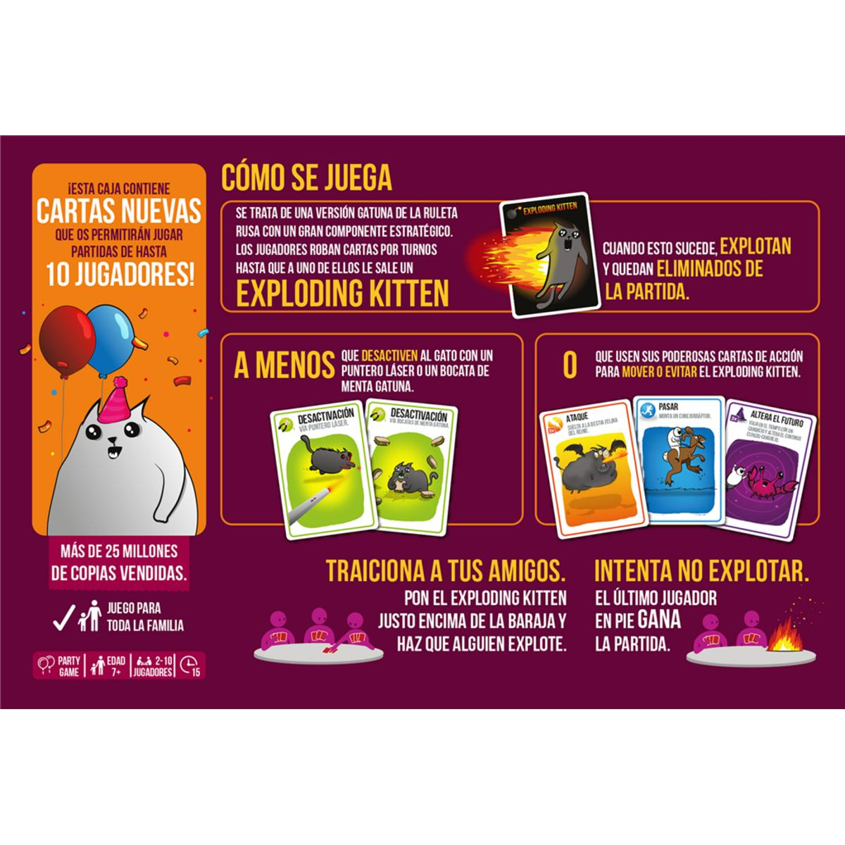 Caja del juego de cartas Exploding Kittens. Un gato blanco con sombrero de fiesta está en la caja.