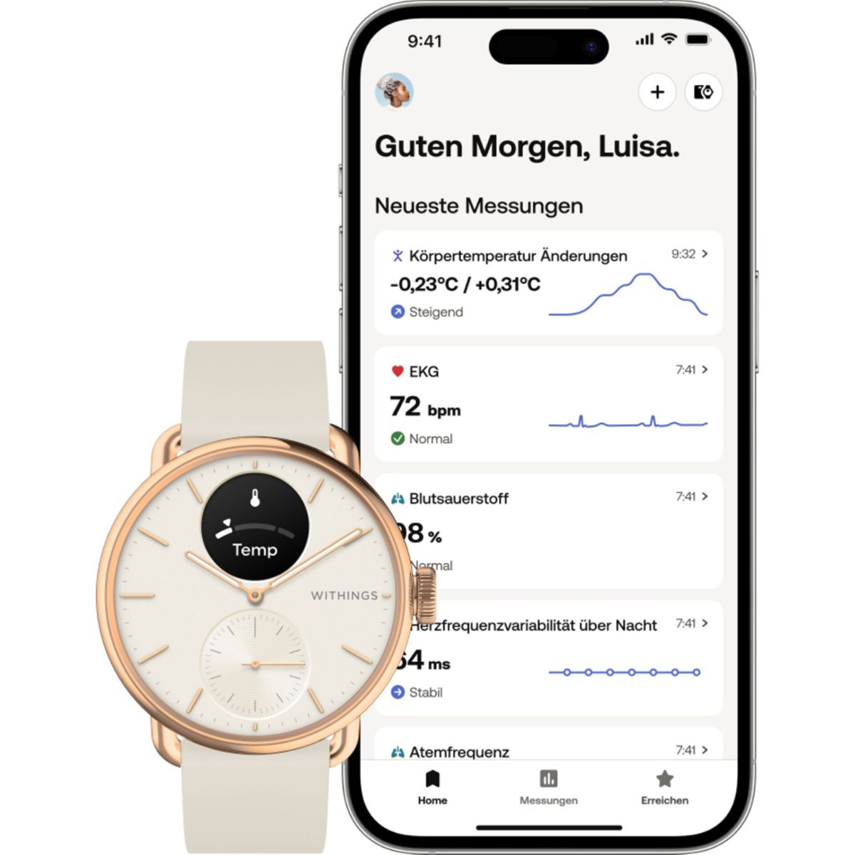 Smartwatch i telefon wyświetlają dane dotyczące zdrowia. Zegarek jest różowo-złoty, telefon ma interfejs użytkownika.