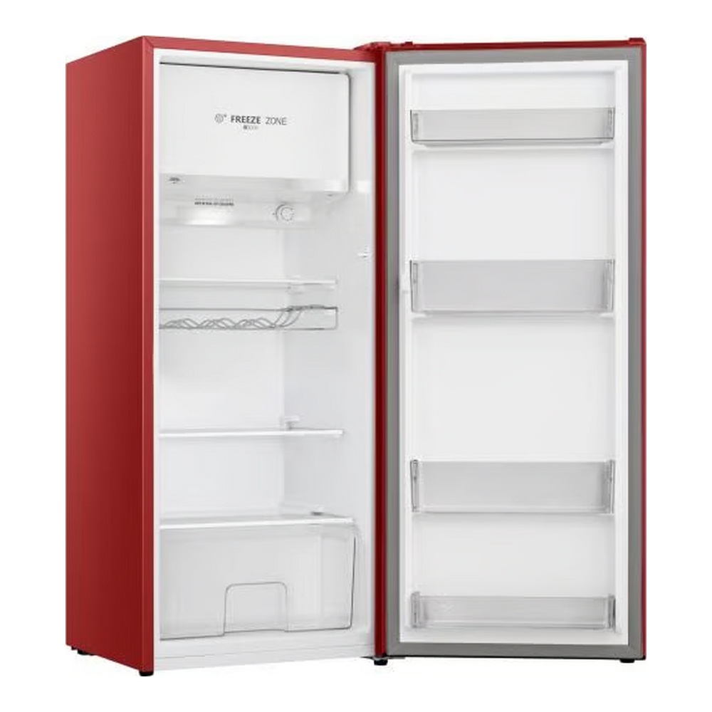 Frigorifero rosso con la porta aperta. All'interno, ci sono ripiani e una zona freezer.