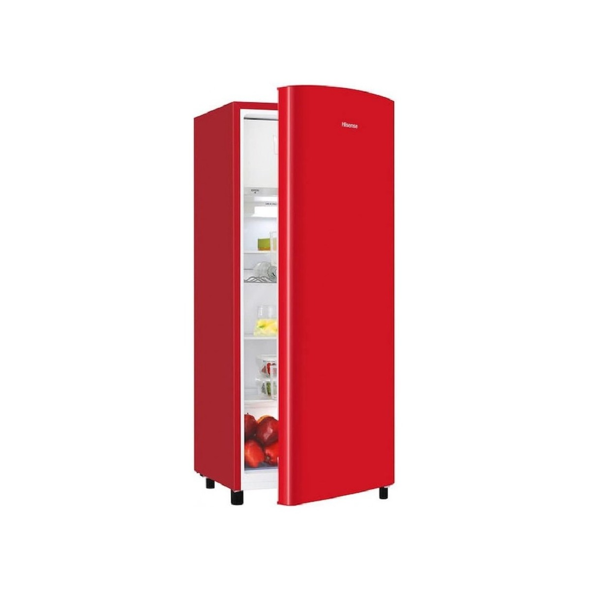 Un frigorifero rosso con la porta leggermente aperta, isolato.