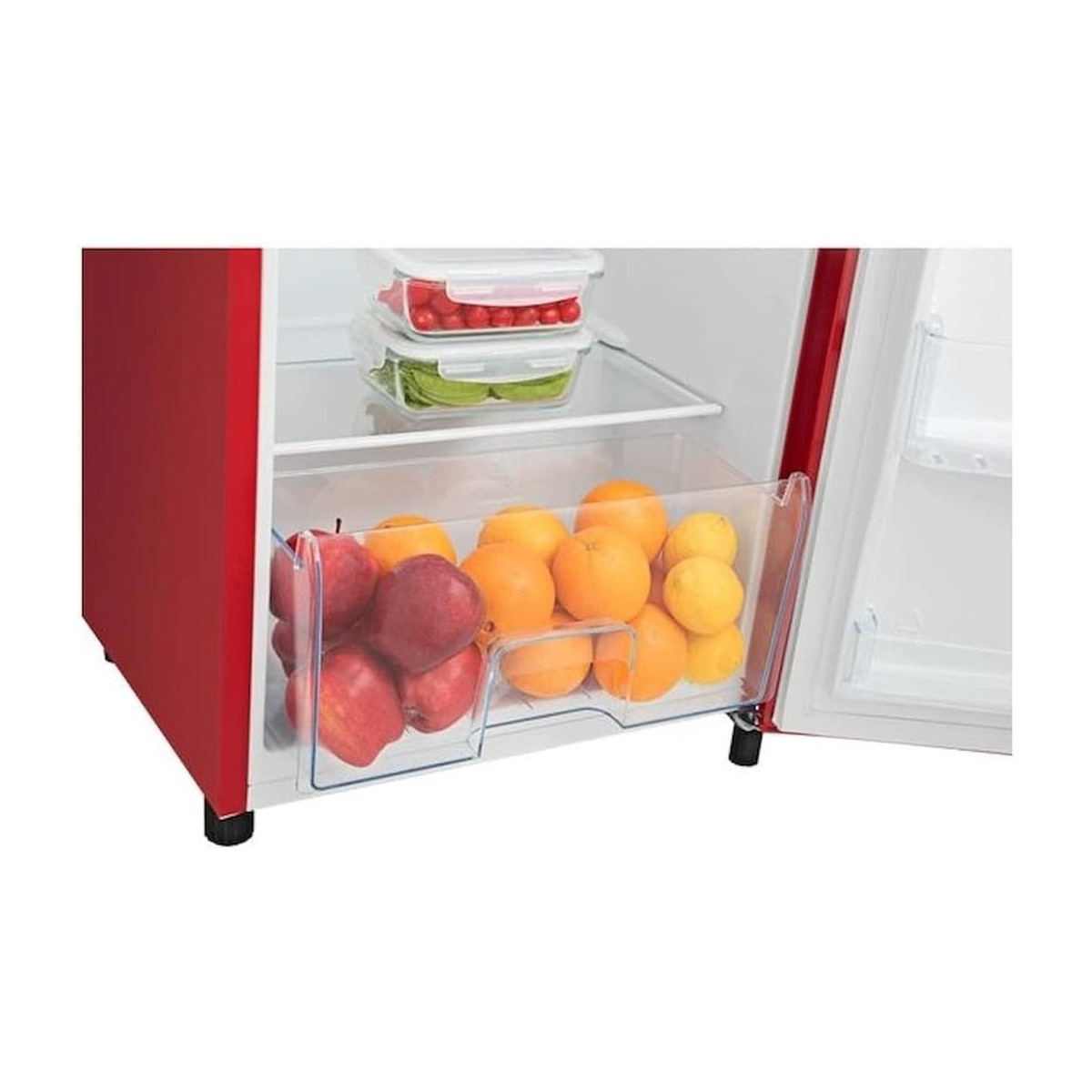 Interno di un frigorifero rosso, contenente frutta e verdura.