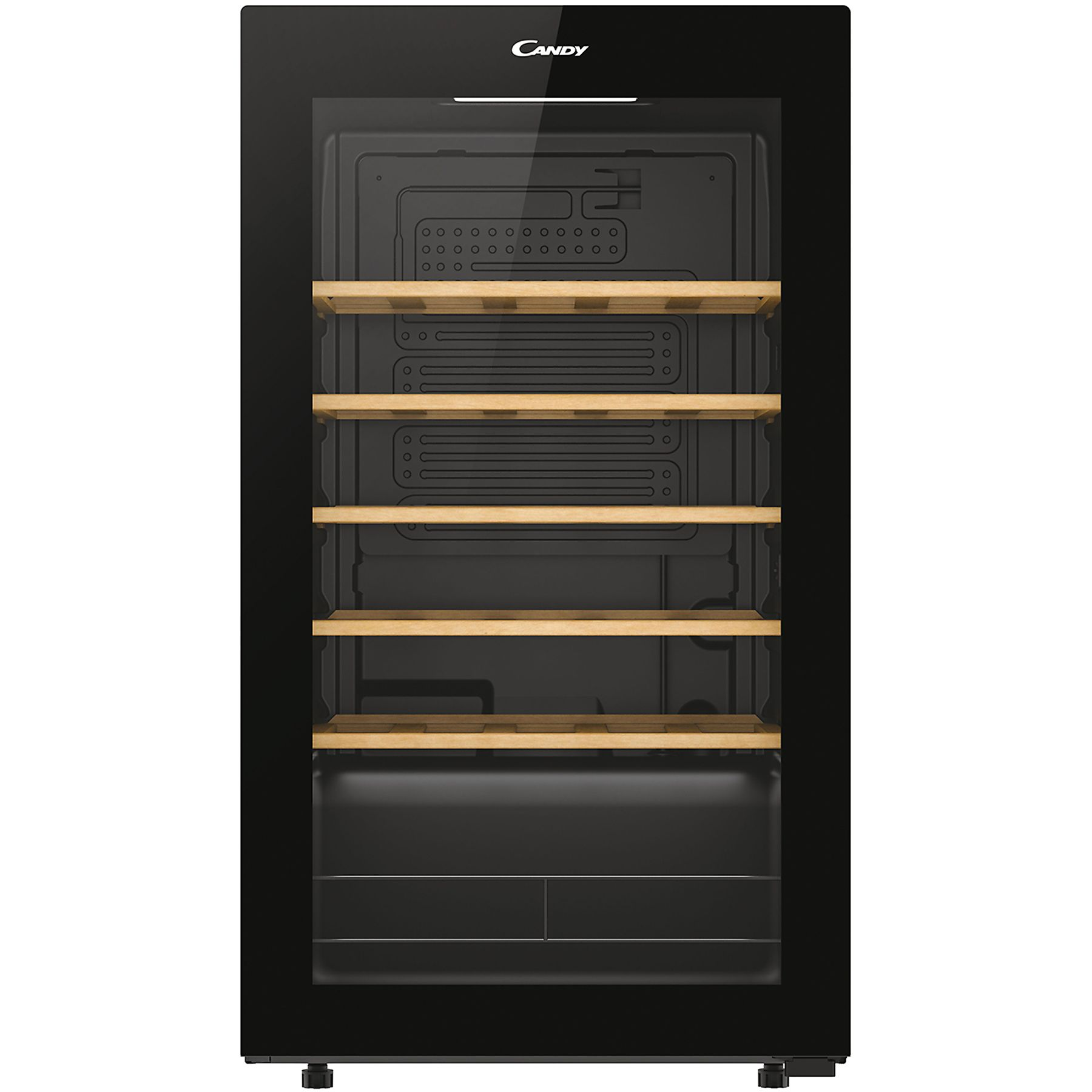 Czarna chłodziarka do wina z drewnianymi półkami i szklanymi drzwiami.