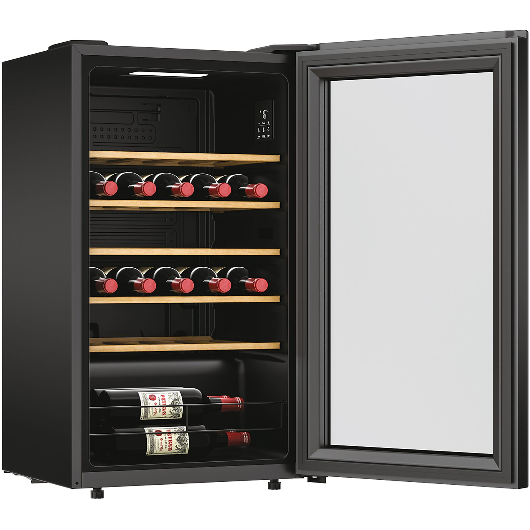 Chłodziarka do wina z otwartymi drzwiami; butelki na półkach. Ciemny wygląd, szklane drzwi.