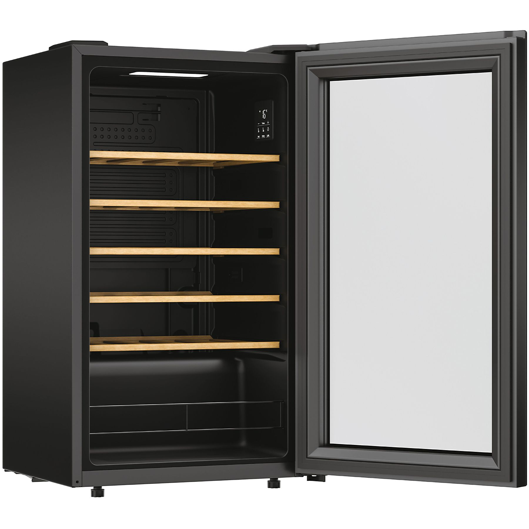 Czarna chłodziarka do wina z otwartymi drzwiami, pokazująca drewniane półki i szklane drzwi.