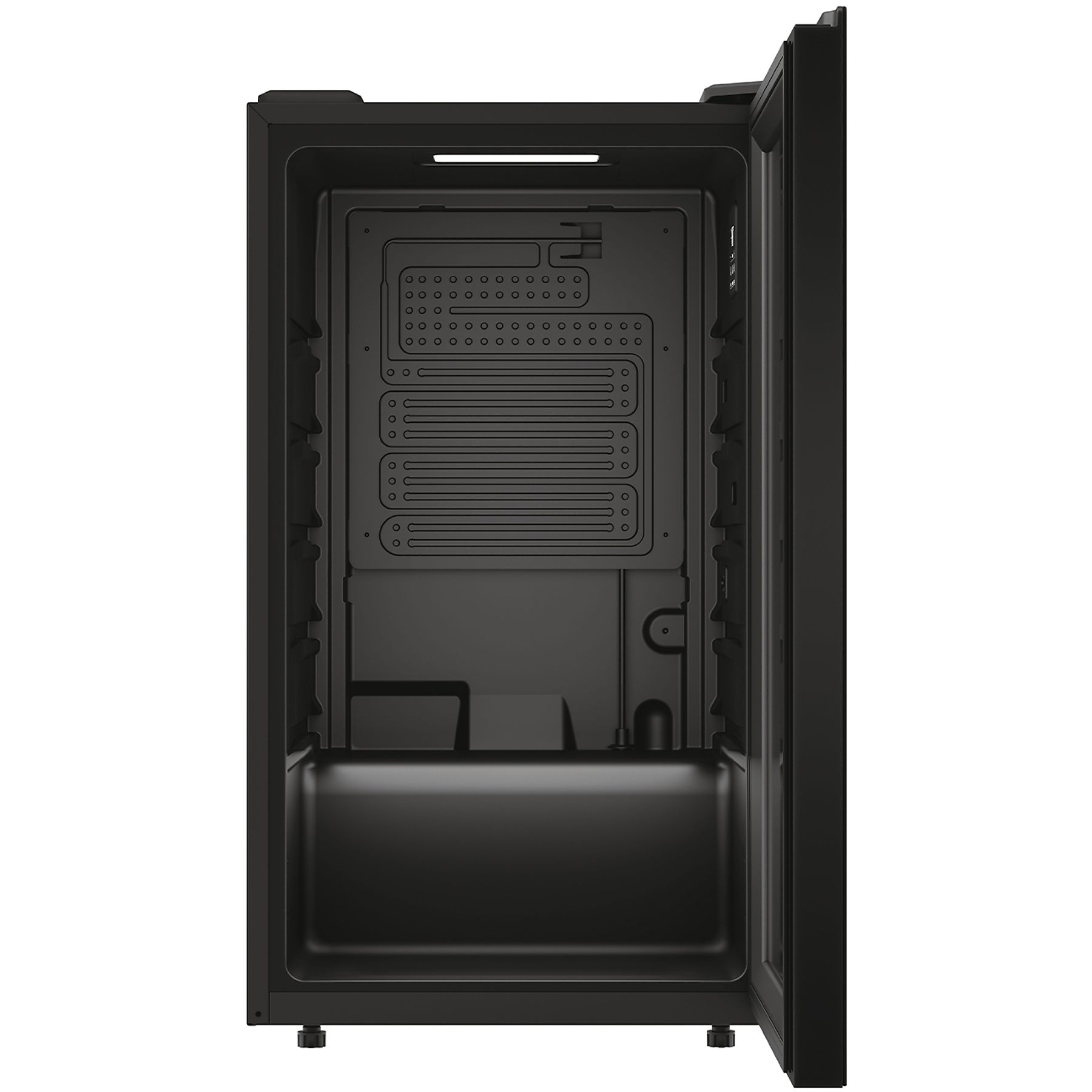 Otwarta czarna lodówka, pusta w środku, z ciemnym tłem.