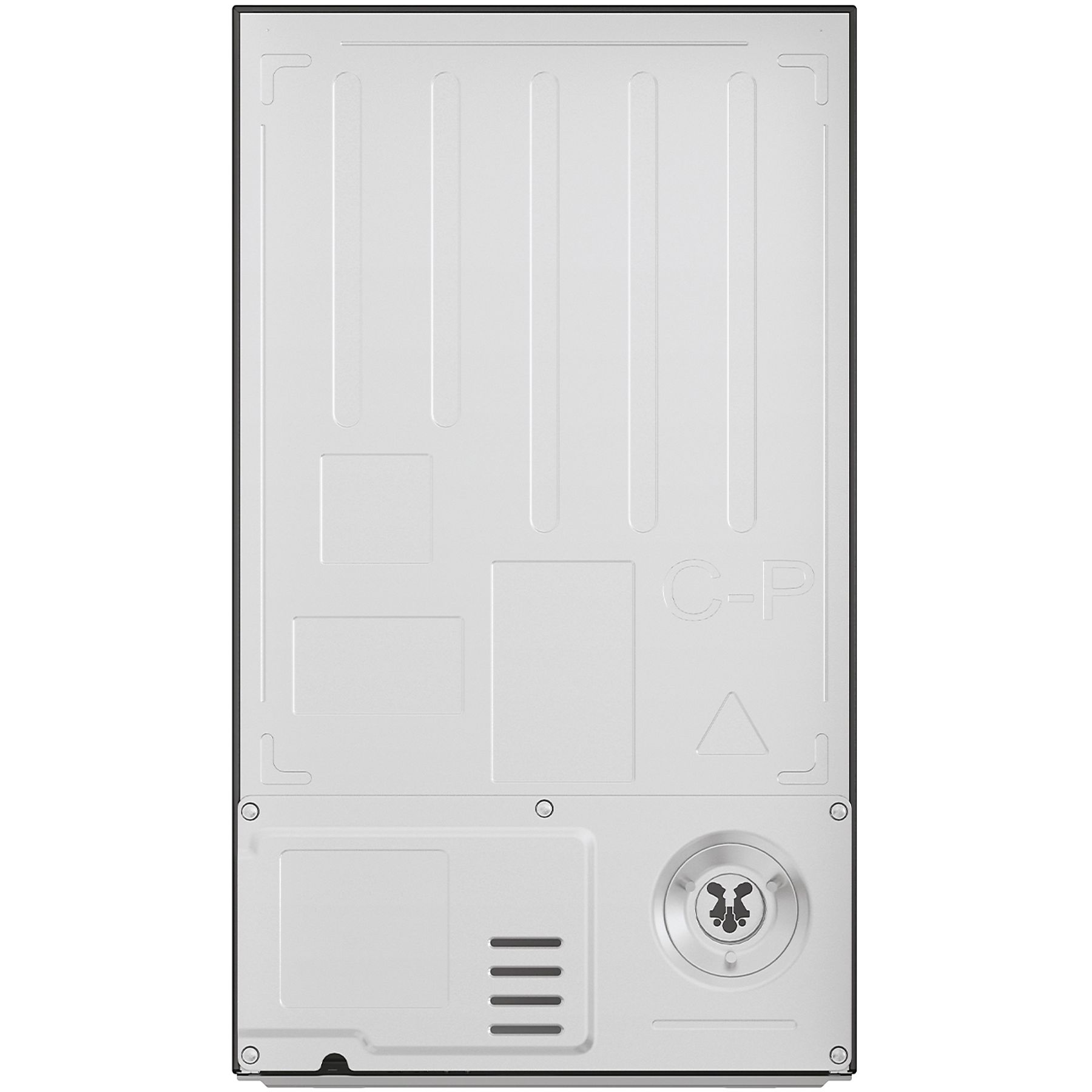 Widok z tyłu białej lodówki z ciemnozieloną ramą i szczegółami technicznymi.