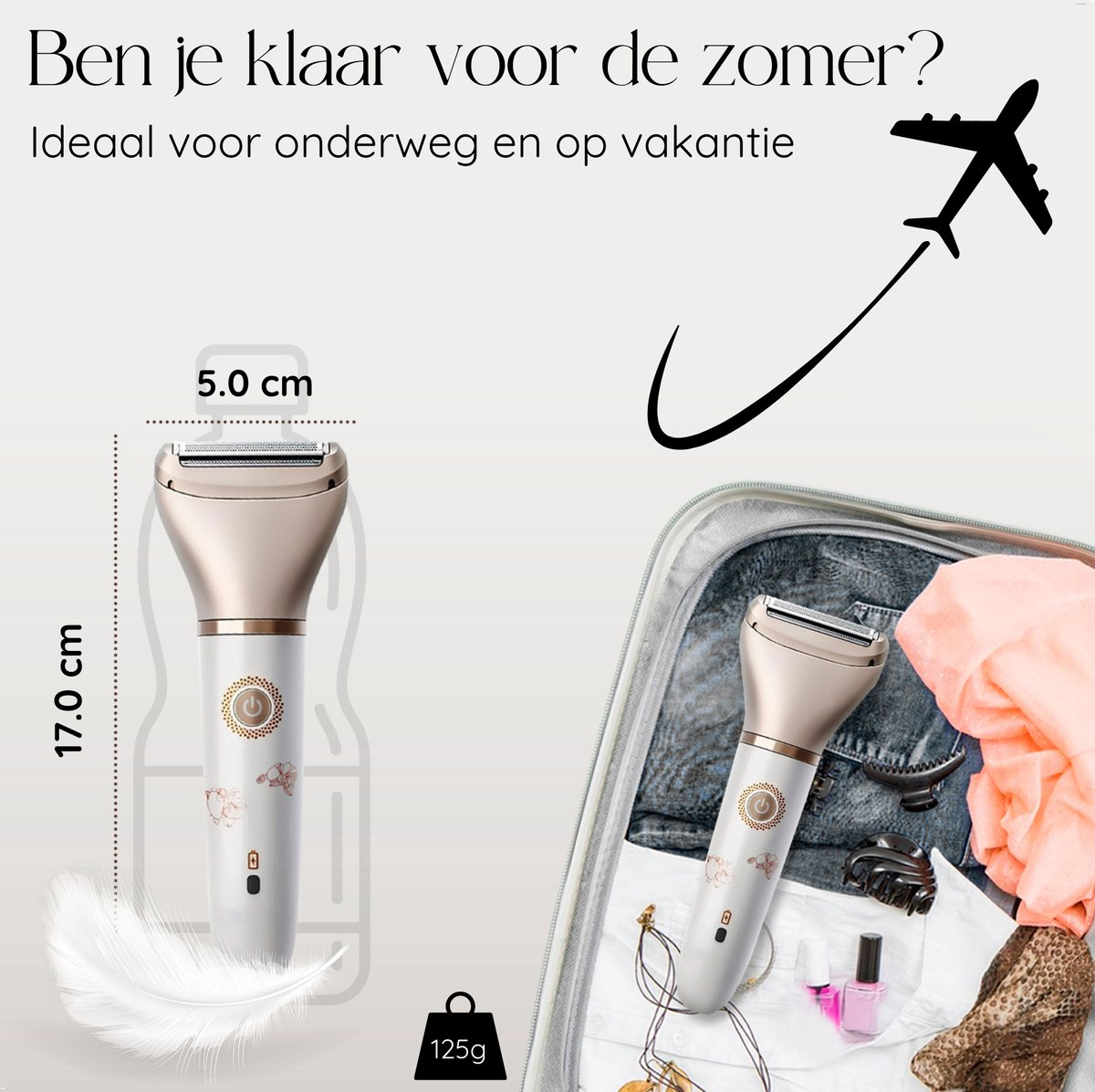 Electric shaver with dimensions shown and a suitcase on the right. Text: Ready for summer?