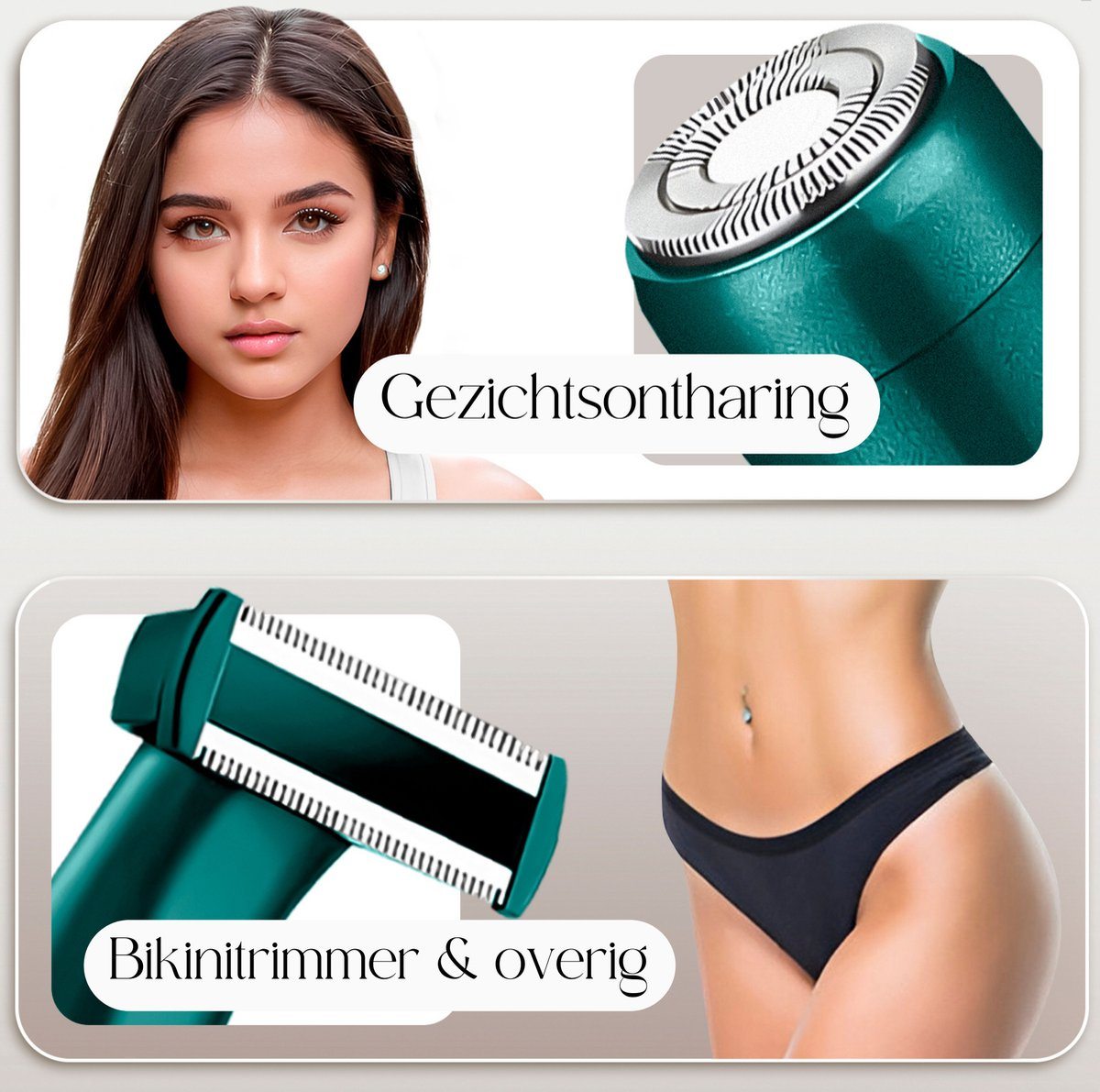Woman's face and body parts. Text: Face hair removal. Bikini trimmer & over.