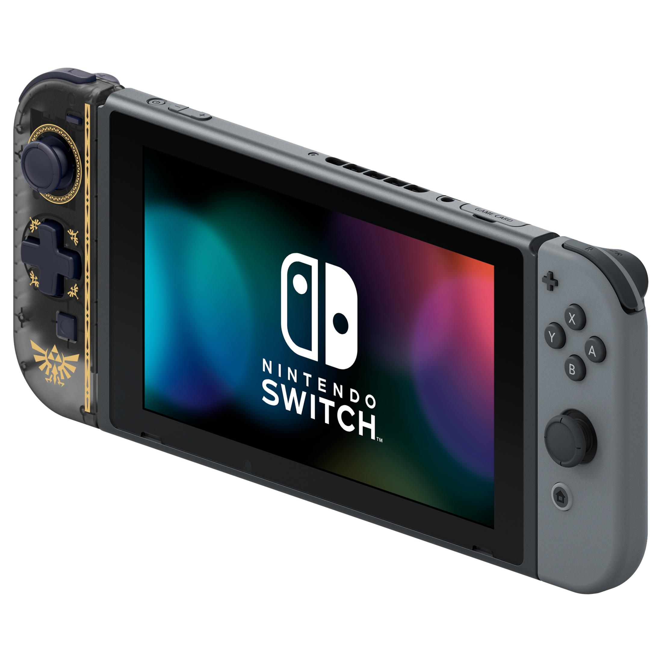 Console Nintendo Switch in custodia grigia e nera, con schermo di gioco che mostra il logo Nintendo.
