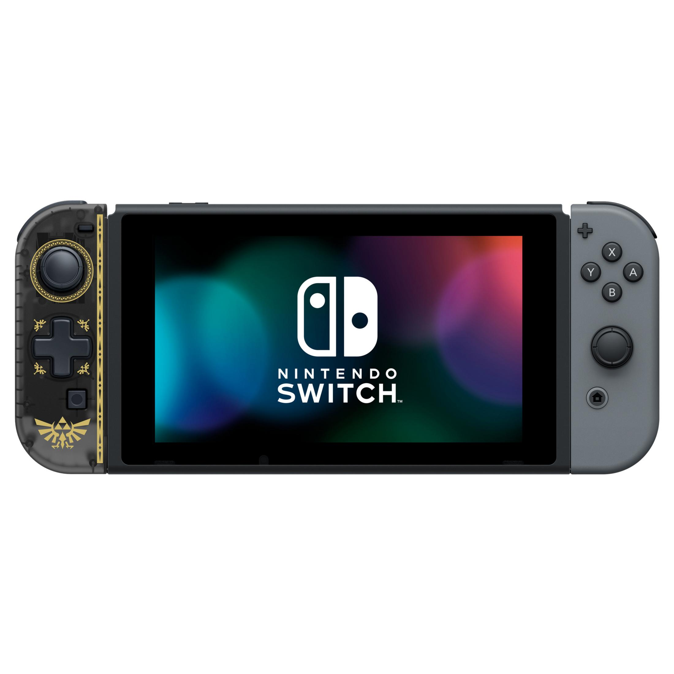 Console Nintendo Switch con Joy-Con a tema Zelda, che mostra lo schermo di gioco.