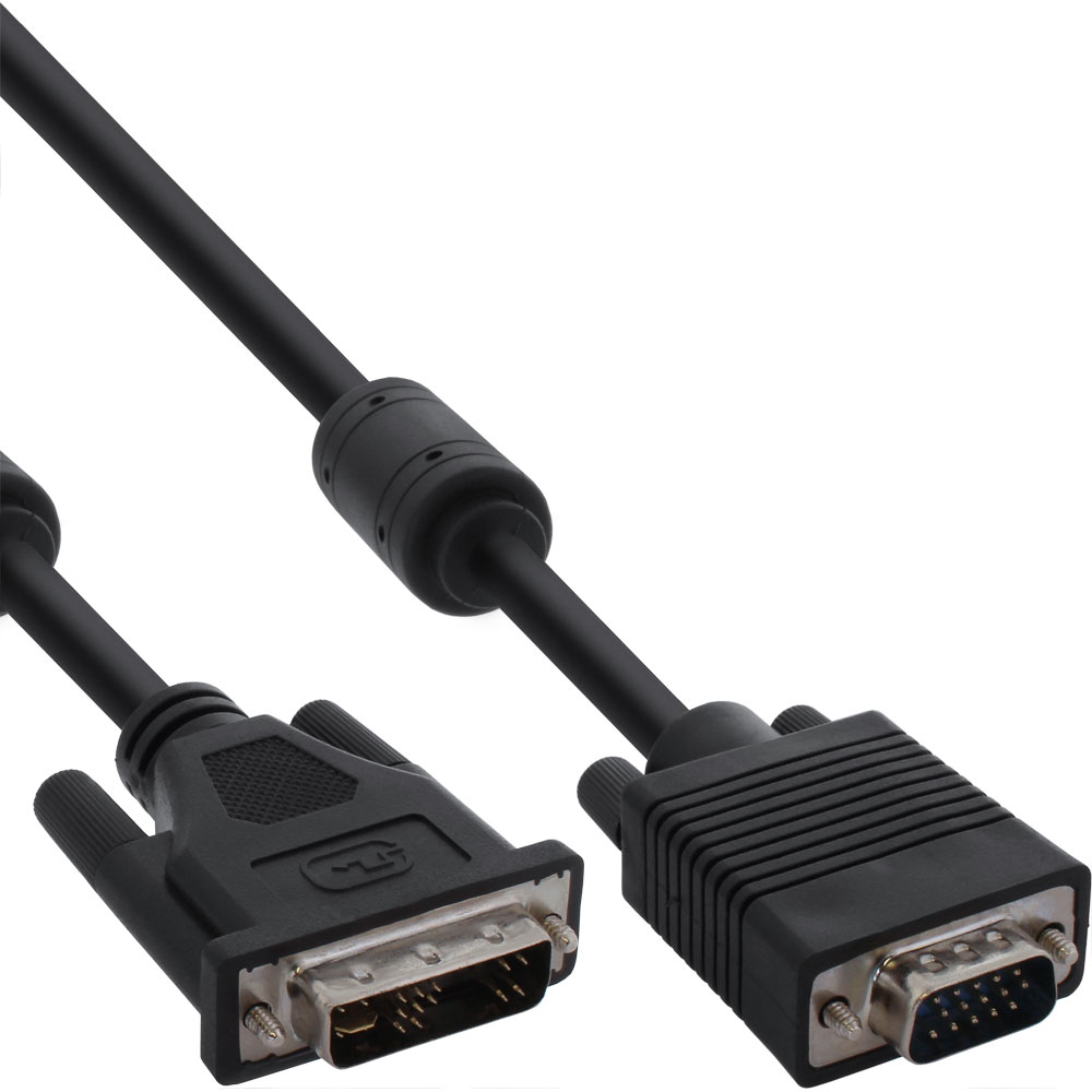 Ein schwarzes VGA-Kabel mit zwei Steckern an jedem Ende, auf weißem Hintergrund.