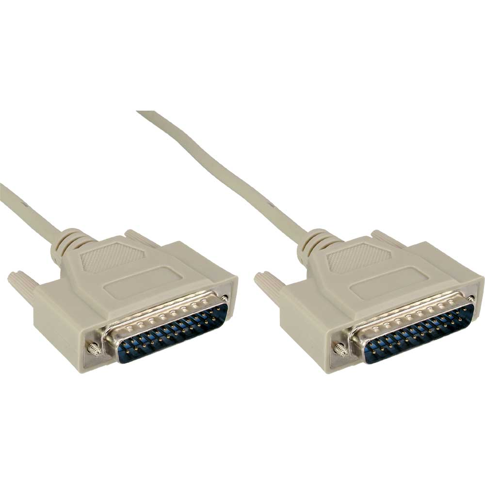 Due cavi D-sub grigi con 25 pin, su sfondo bianco.