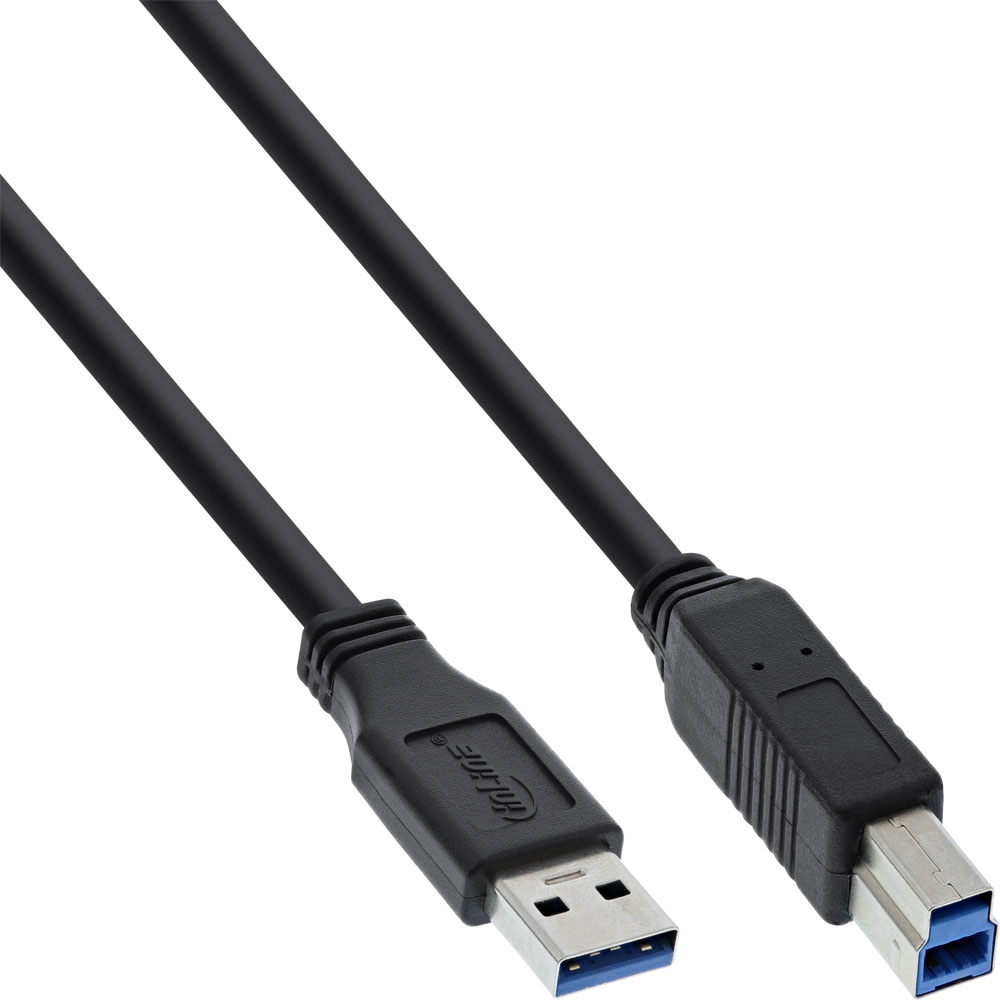 Cavo USB nero con connettori USB-A e USB-B che si estendono diagonalmente.