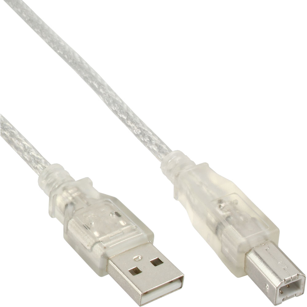 Cavo USB con connettori USB-A e USB-B, trasparente, sfondo bianco.